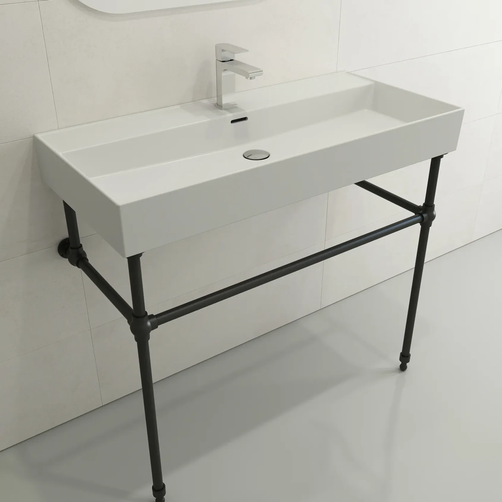 BOCCHI Milano 40" Rectangle Wallmount Fireclay Bathroom Sink, Matte White, Single Faucet Hole, 1378-002-0126
