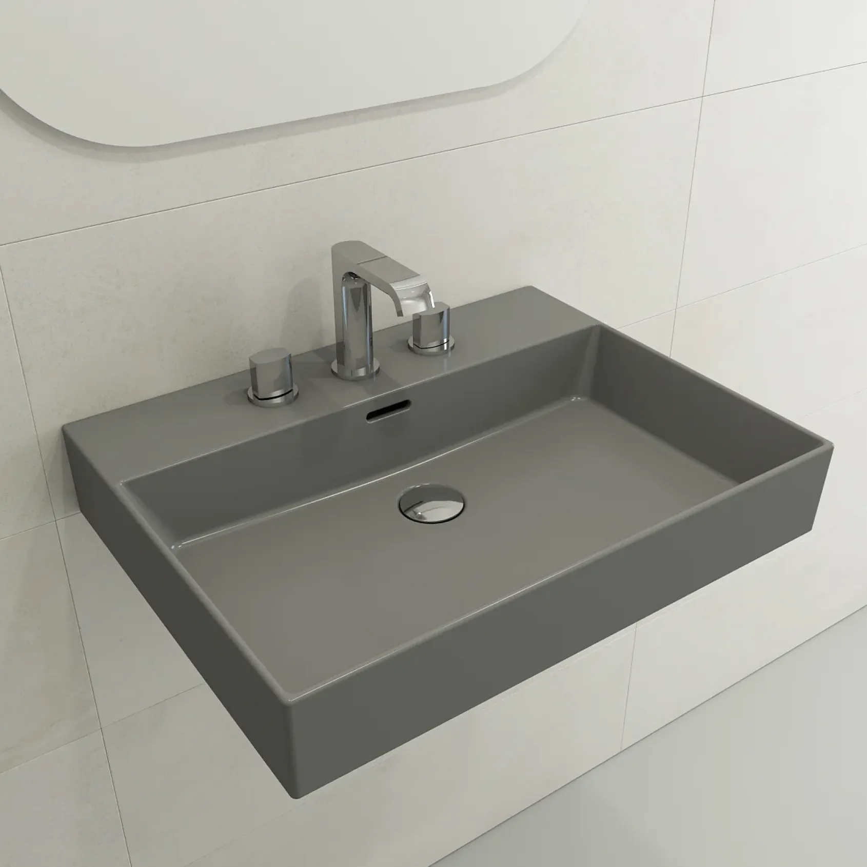 BOCCHI Milano 24" Rectangle Wallmount Fireclay Bathroom Sink, Matte Gray, 3 Faucet Hole, 1376-006-0127