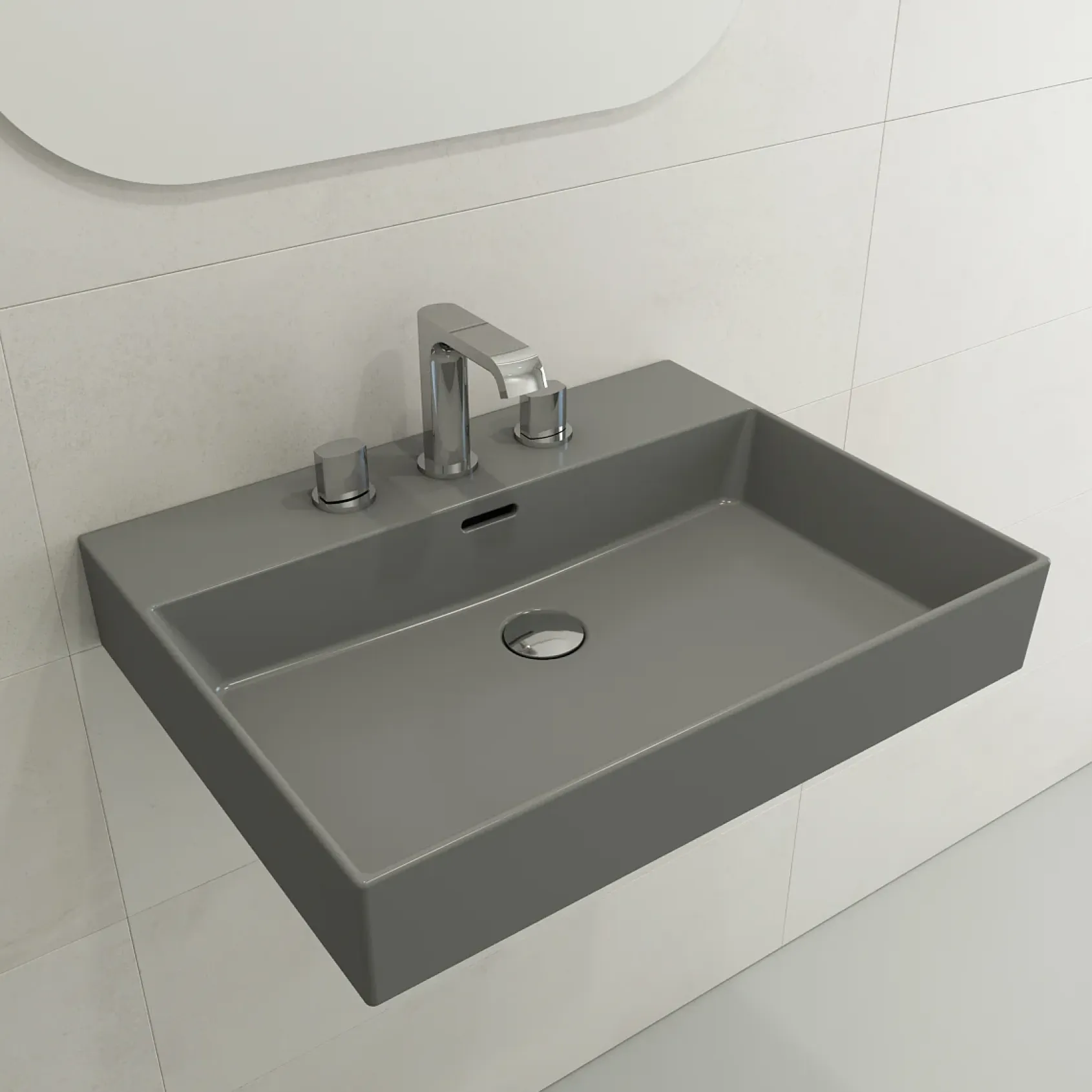 BOCCHI Milano 24" Rectangle Wallmount Fireclay Bathroom Sink, Matte Gray, 3 Faucet Hole, 1376-006-0127