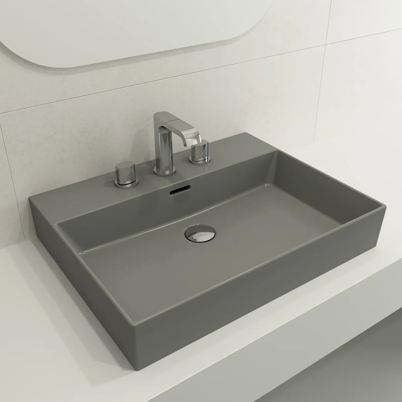 BOCCHI Milano 24" Rectangle Wallmount Fireclay Bathroom Sink, Matte Gray, 3 Faucet Hole, 1376-006-0127