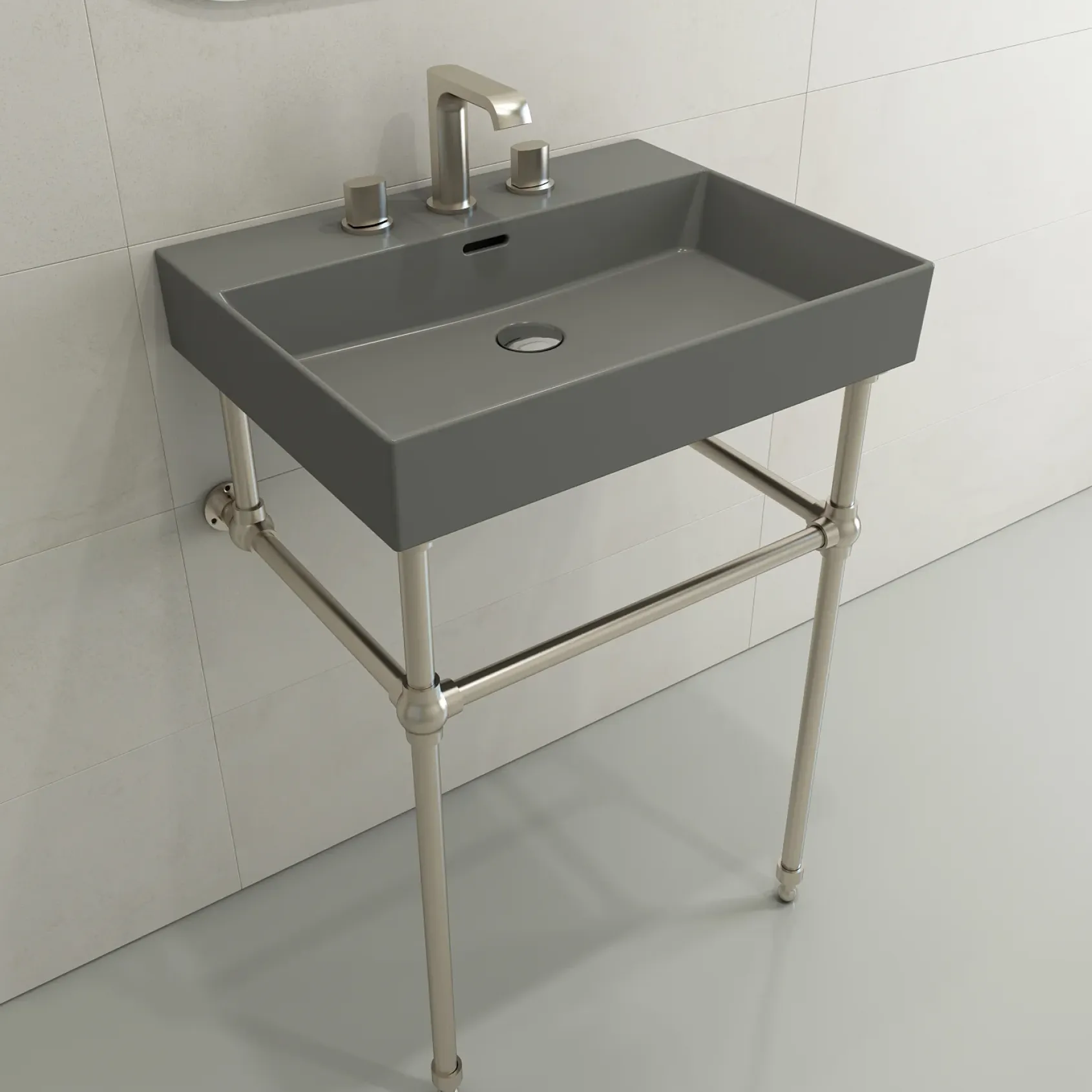 BOCCHI Milano 24" Rectangle Wallmount Fireclay Bathroom Sink, Matte Gray, 3 Faucet Hole, 1376-006-0127