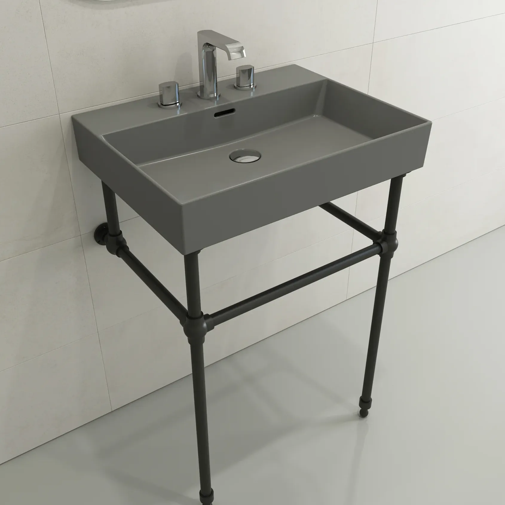 BOCCHI Milano 24" Rectangle Wallmount Fireclay Bathroom Sink, Matte Gray, 3 Faucet Hole, 1376-006-0127
