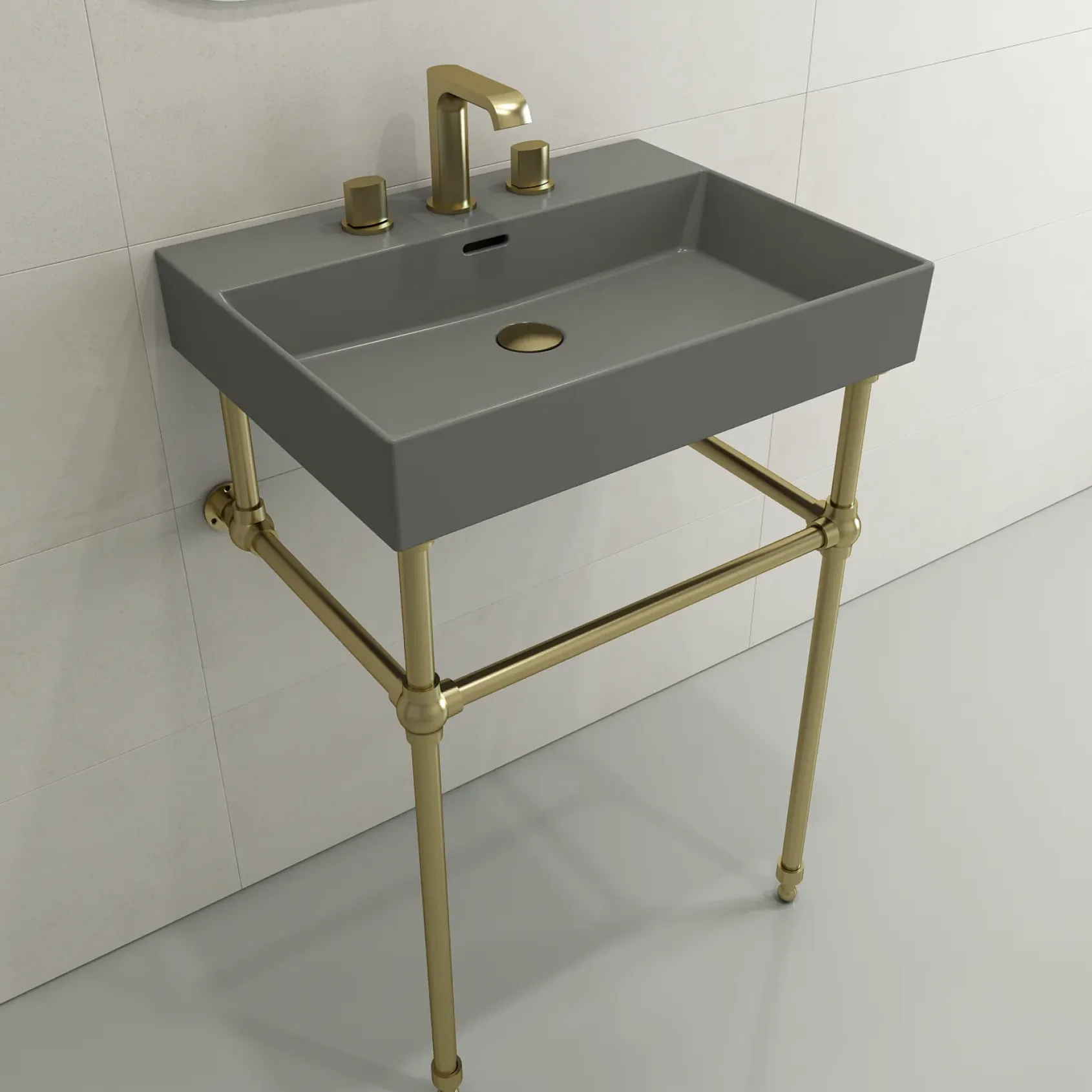 BOCCHI Milano 24" Rectangle Wallmount Fireclay Bathroom Sink, Matte Gray, 3 Faucet Hole, 1376-006-0127