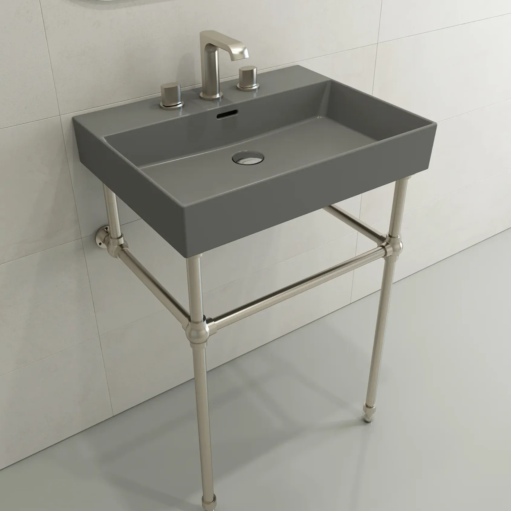 BOCCHI Milano 24" Rectangle Wallmount Fireclay Bathroom Sink, Matte Gray, 3 Faucet Hole, 1376-006-0127