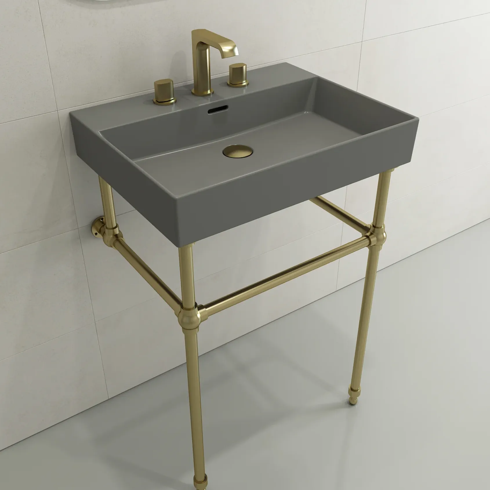 BOCCHI Milano 24" Rectangle Wallmount Fireclay Bathroom Sink, Matte Gray, 3 Faucet Hole, 1376-006-0127