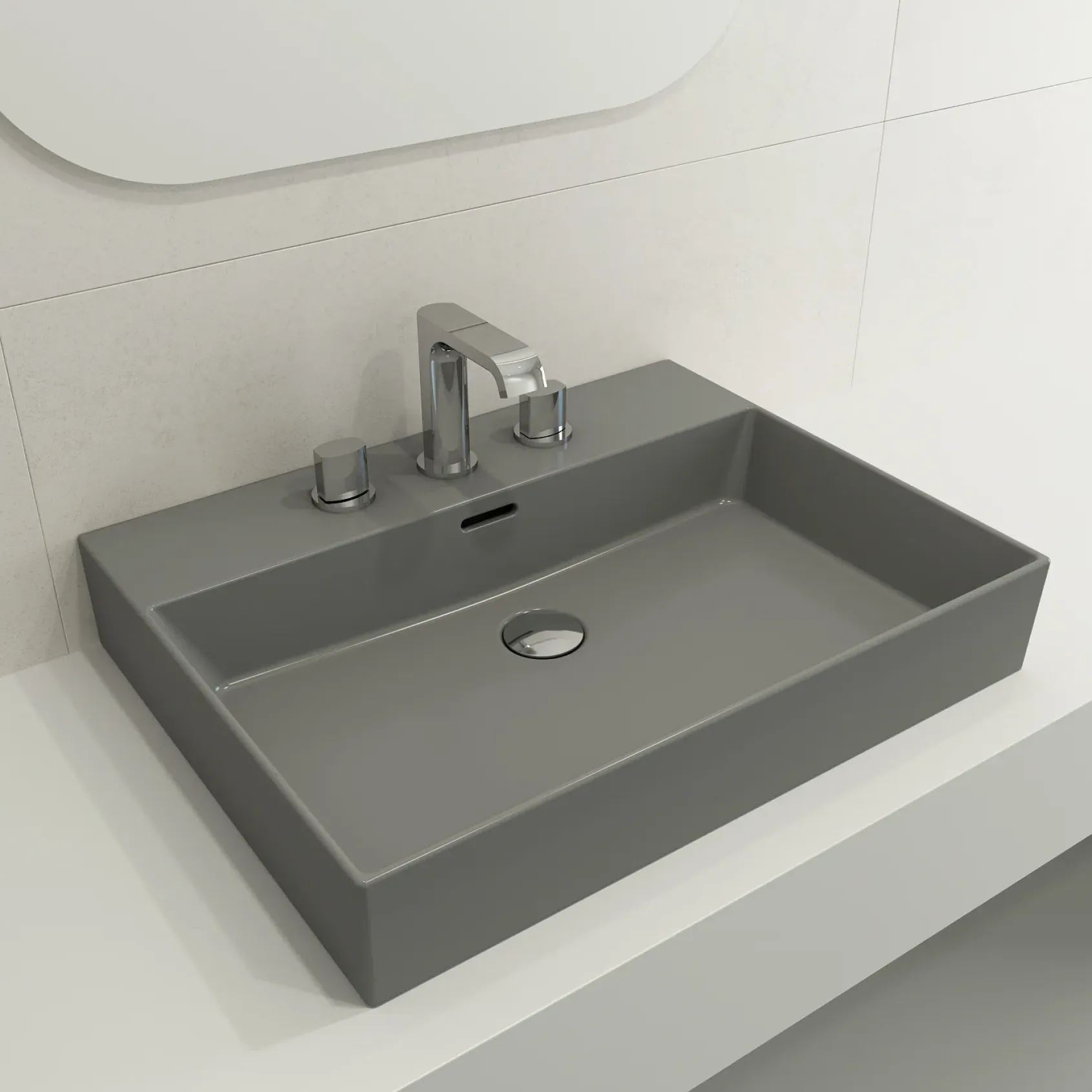 BOCCHI Milano 24" Rectangle Wallmount Fireclay Bathroom Sink, Matte Gray, 3 Faucet Hole, 1376-006-0127