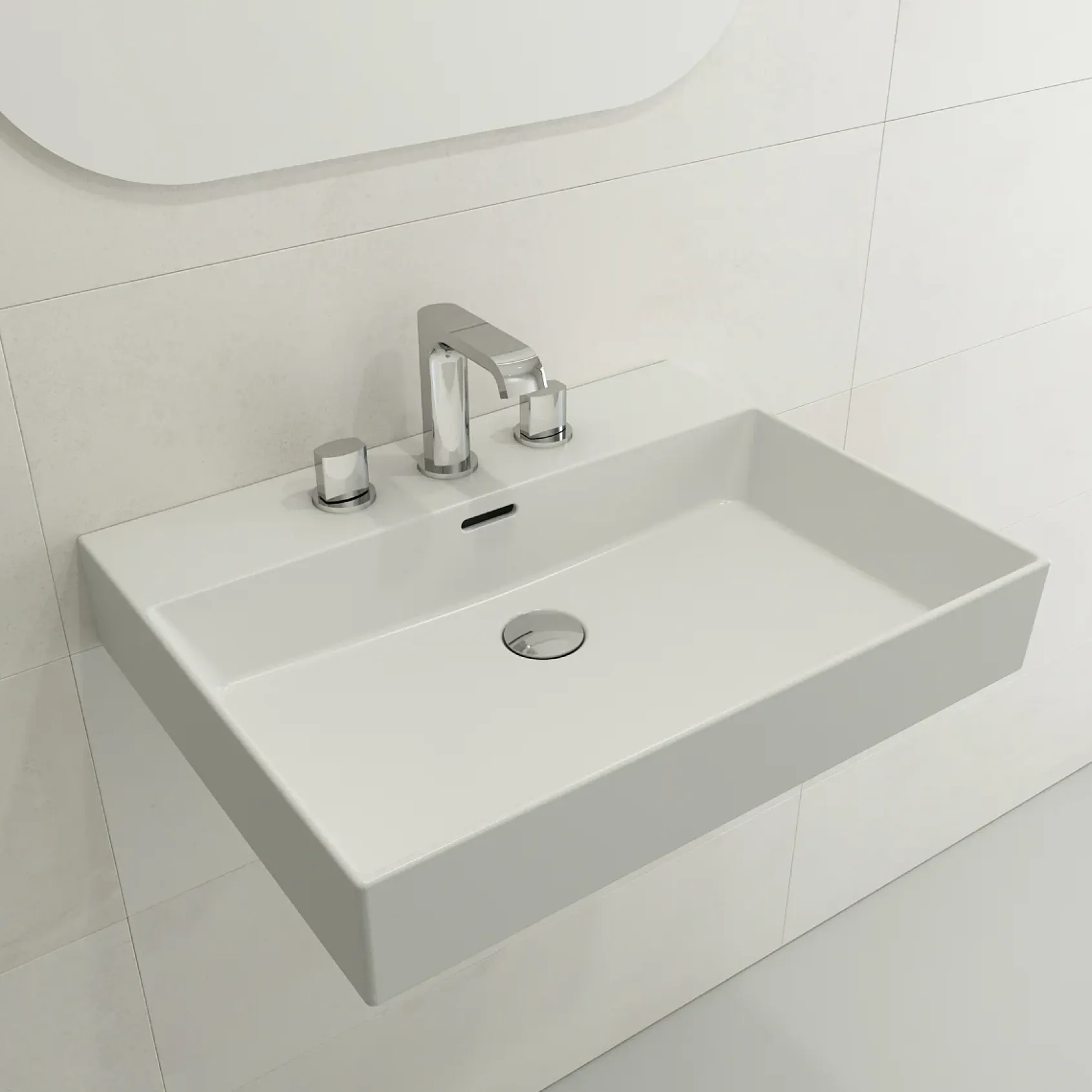BOCCHI Milano 24" Rectangle Wallmount Fireclay Bathroom Sink, Matte White, 3 Faucet Hole, 1376-002-0127