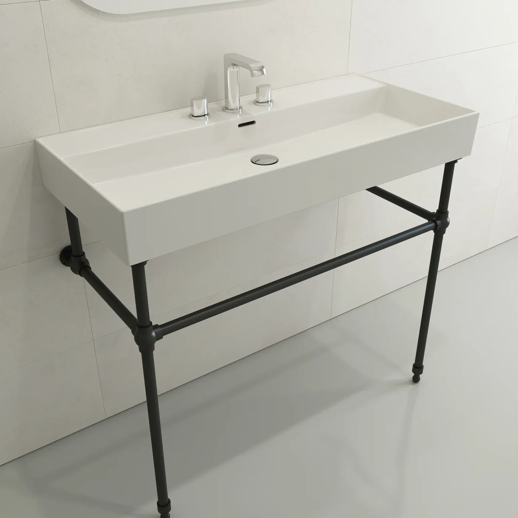 BOCCHI Milano 40" Rectangle Wallmount Fireclay Bathroom Sink, White, 3 Faucet Hole, 1378-001-0127