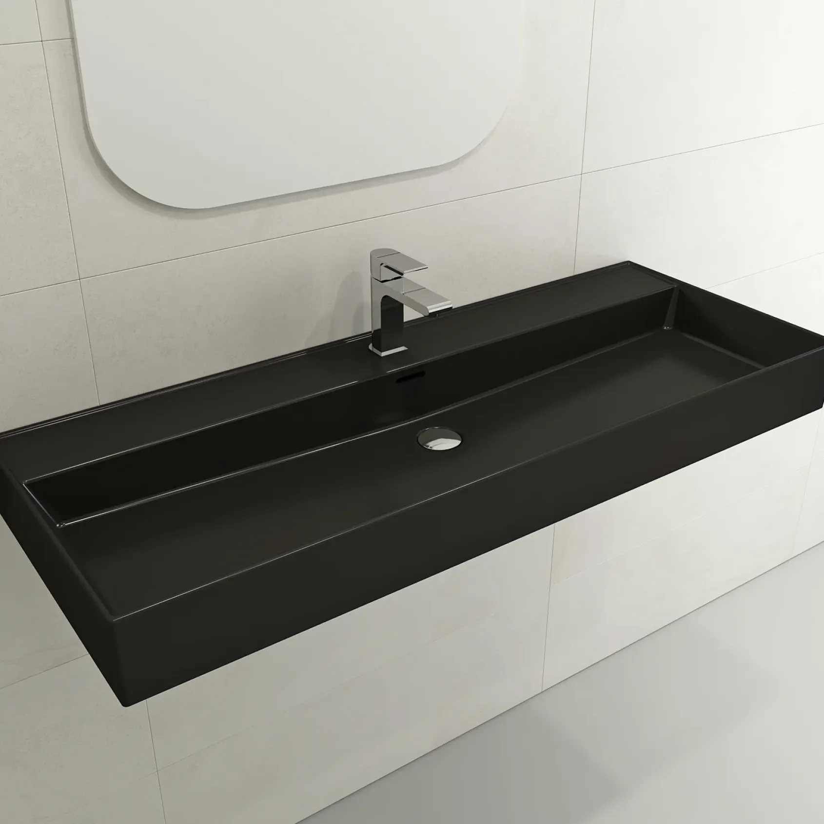BOCCHI Milano 48" Rectangle Wallmount Fireclay Bathroom Sink, Matte Black, Single Faucet Hole, 1394-004-0126