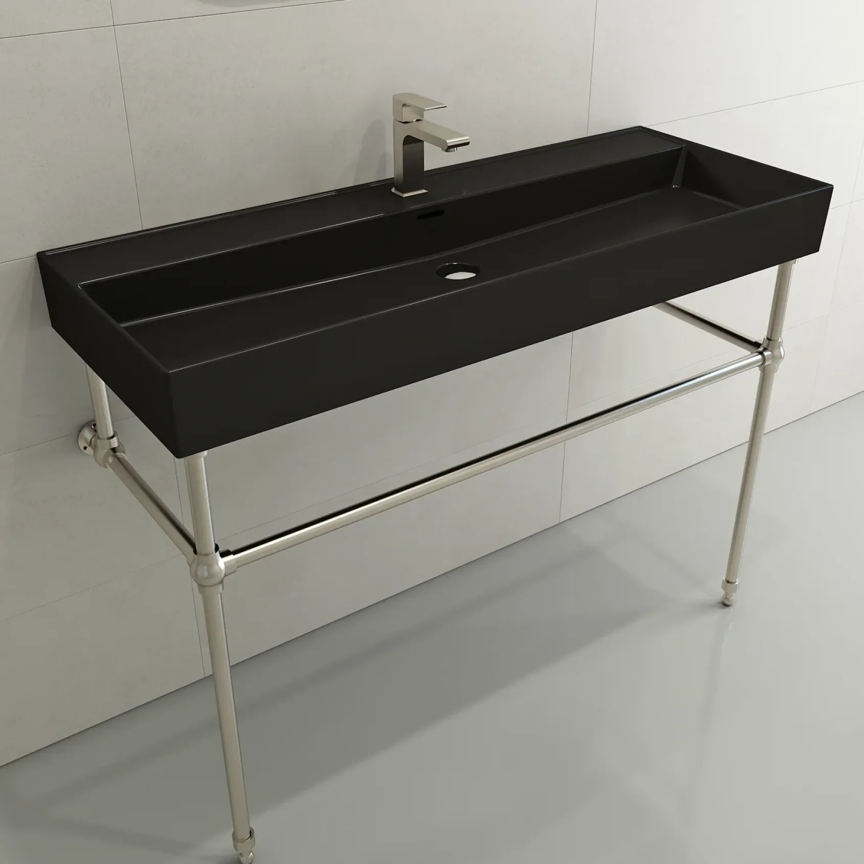 BOCCHI Milano 48" Rectangle Wallmount Fireclay Bathroom Sink, Matte Black, Single Faucet Hole, 1394-004-0126