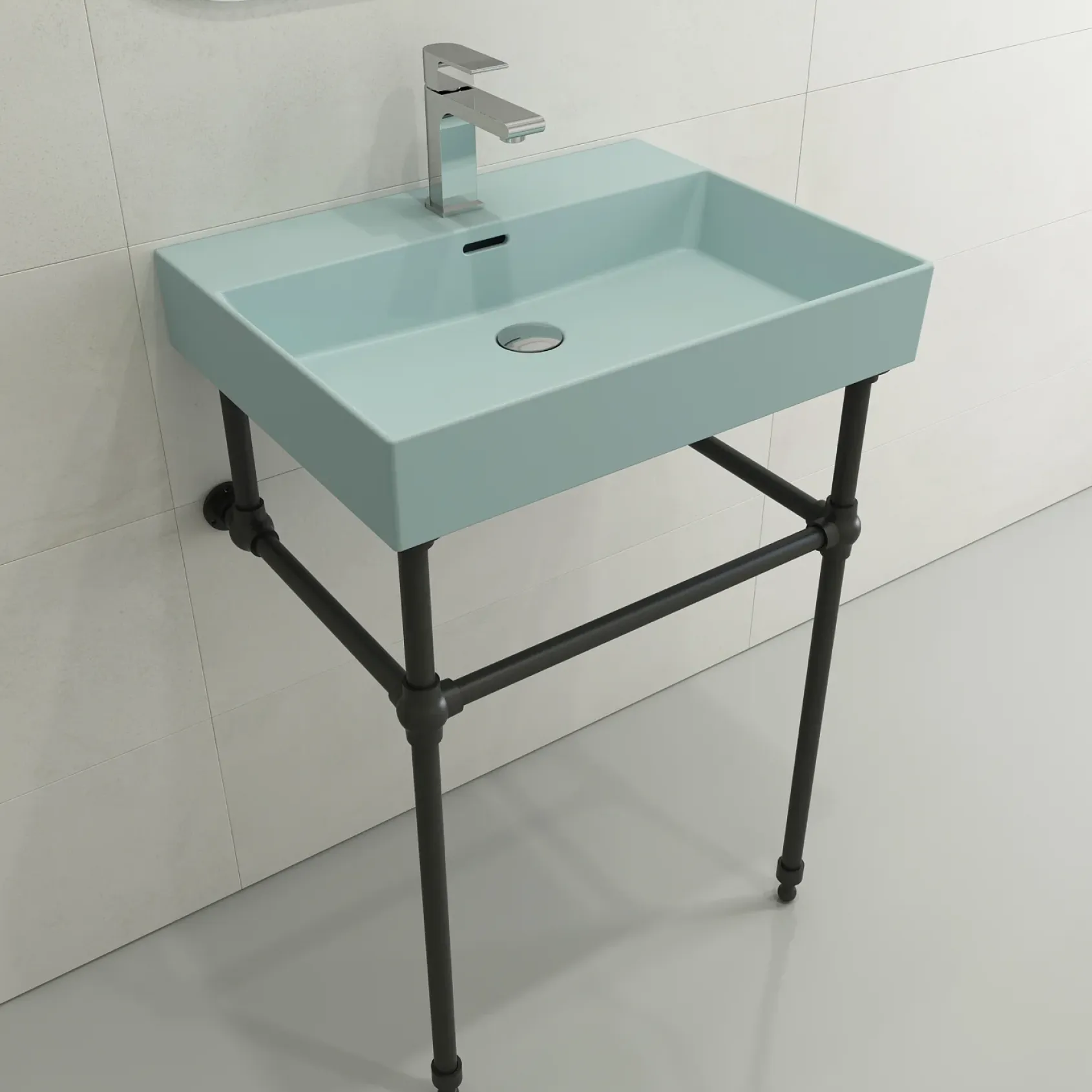 BOCCHI Milano 24" Rectangle Wallmount Fireclay Bathroom Sink, Matte Ice Blue, Single Faucet Hole, 1376-029-0126