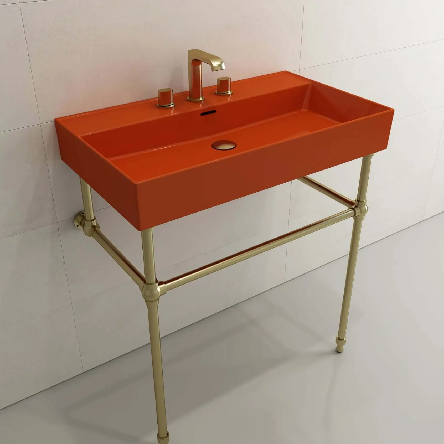 BOCCHI Milano 32" Rectangle Wallmount Fireclay Bathroom Sink, Orange, 3 Faucet Hole, 1377-012-0127