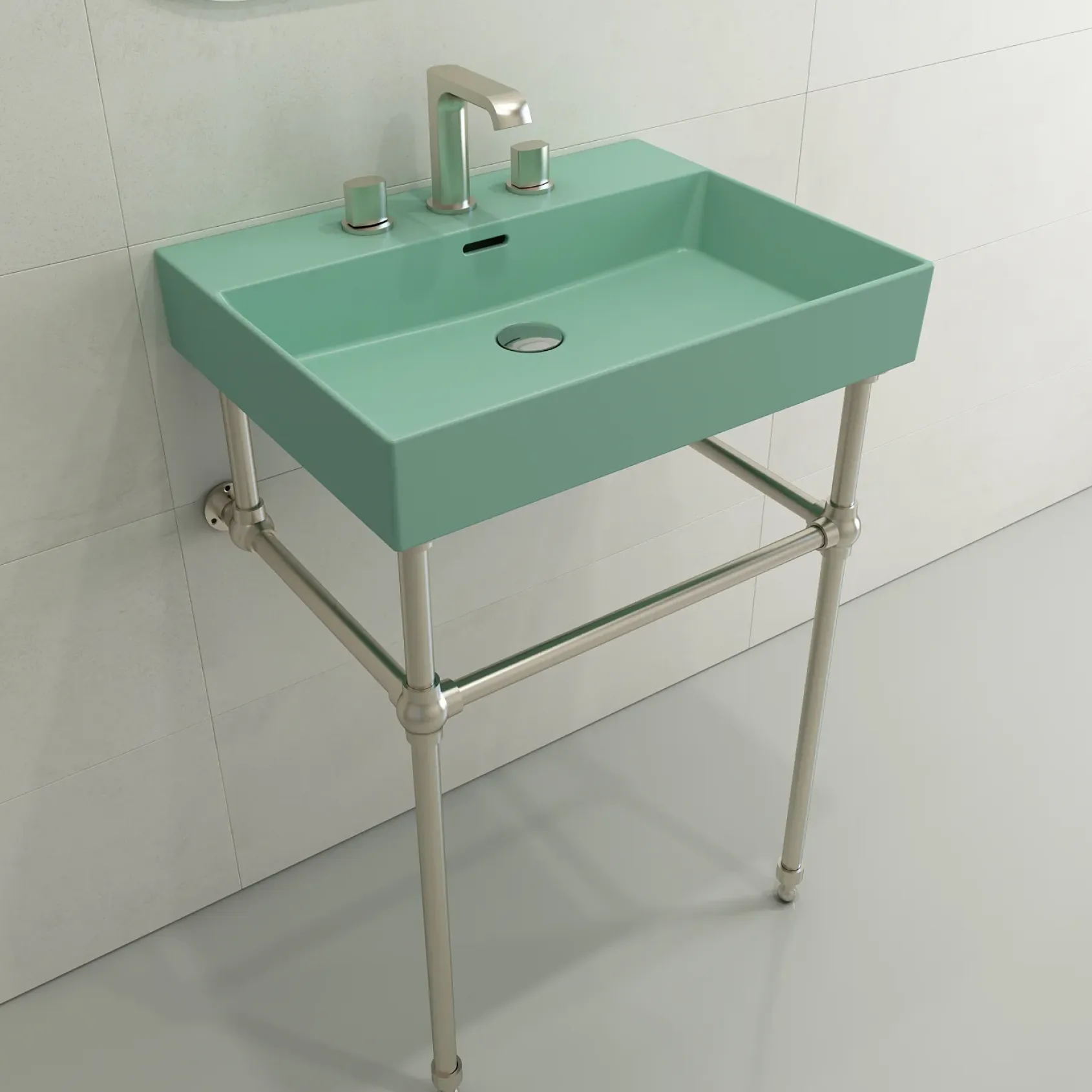 BOCCHI Milano 24" Rectangle Wallmount Fireclay Bathroom Sink, Matte Mint Green, 3 Faucet Hole, 1376-033-0127