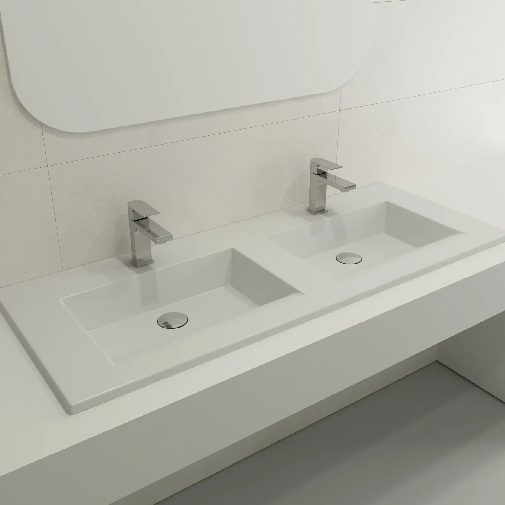 BOCCHI Ravenna 48" Rectangle Wallmount Fireclay Bathroom Sink, Double Basin, Matte White, Single Faucet Hole, 1111-002-0132