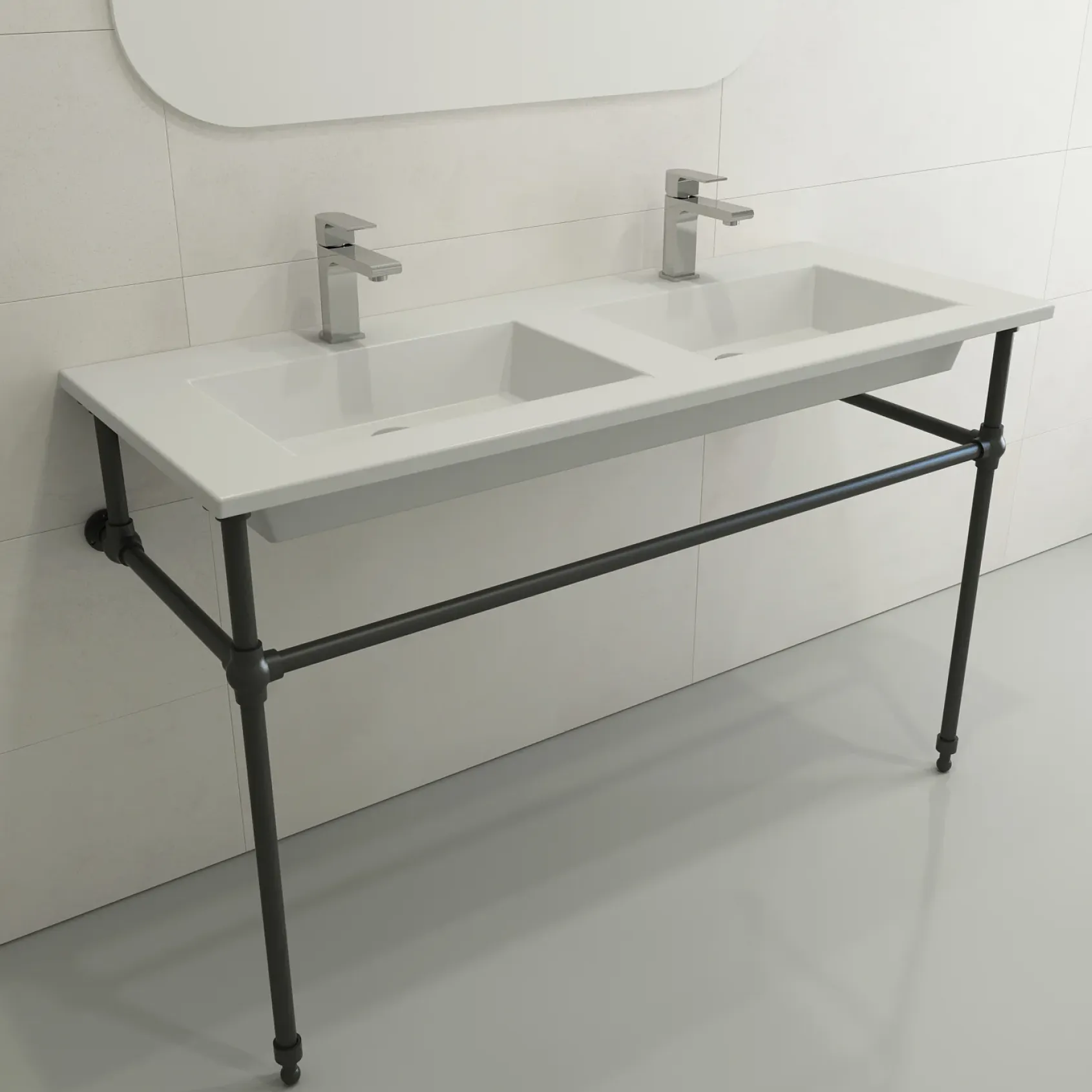 BOCCHI Ravenna 48" Rectangle Wallmount Fireclay Bathroom Sink, Double Basin, Matte White, Single Faucet Hole, 1111-002-0132