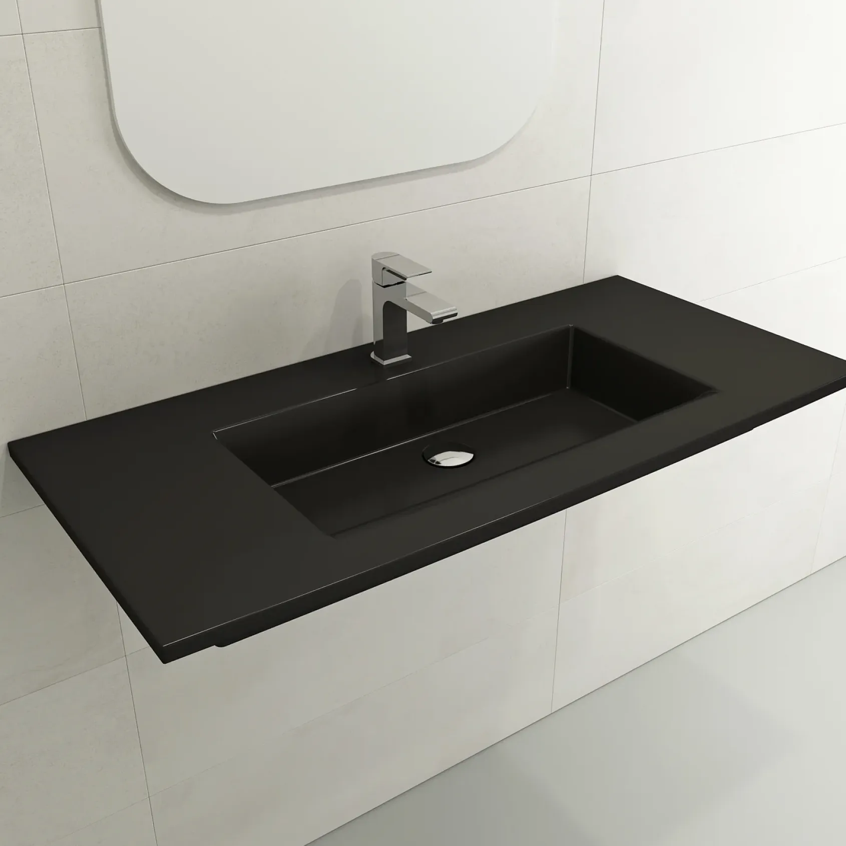 BOCCHI Ravenna 41" Rectangle Wallmount Fireclay Bathroom Sink, Matte Black, Single Faucet Hole, 1105-004-0126