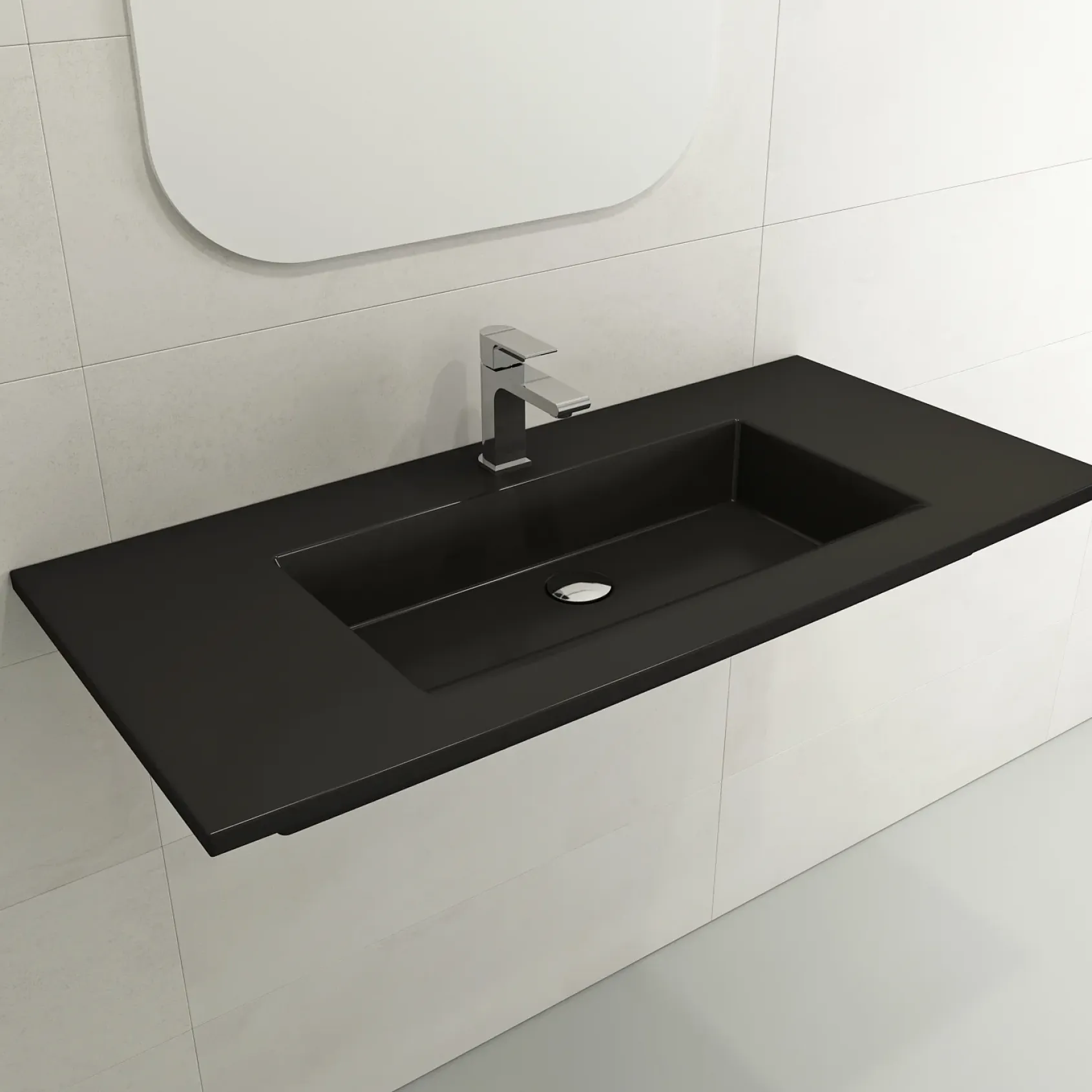 BOCCHI Ravenna 41" Rectangle Wallmount Fireclay Bathroom Sink, Matte Black, Single Faucet Hole, 1105-004-0126