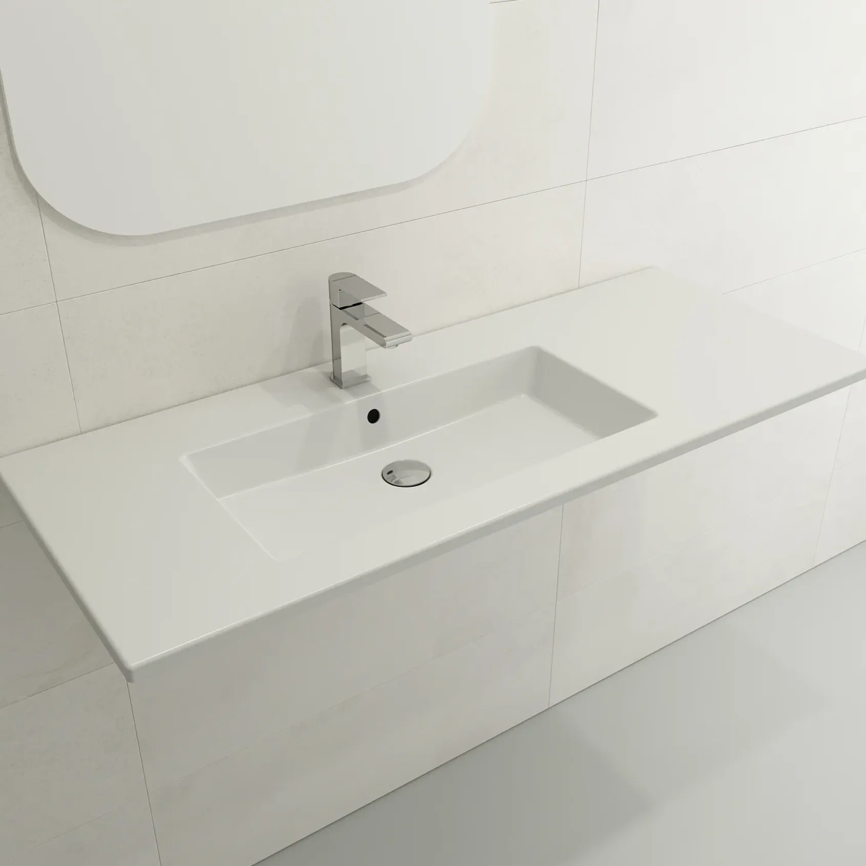 BOCCHI Ravenna 48" Rectangle Wallmount Fireclay Bathroom Sink, Matte White, Single Faucet Hole, 1305-002-0126