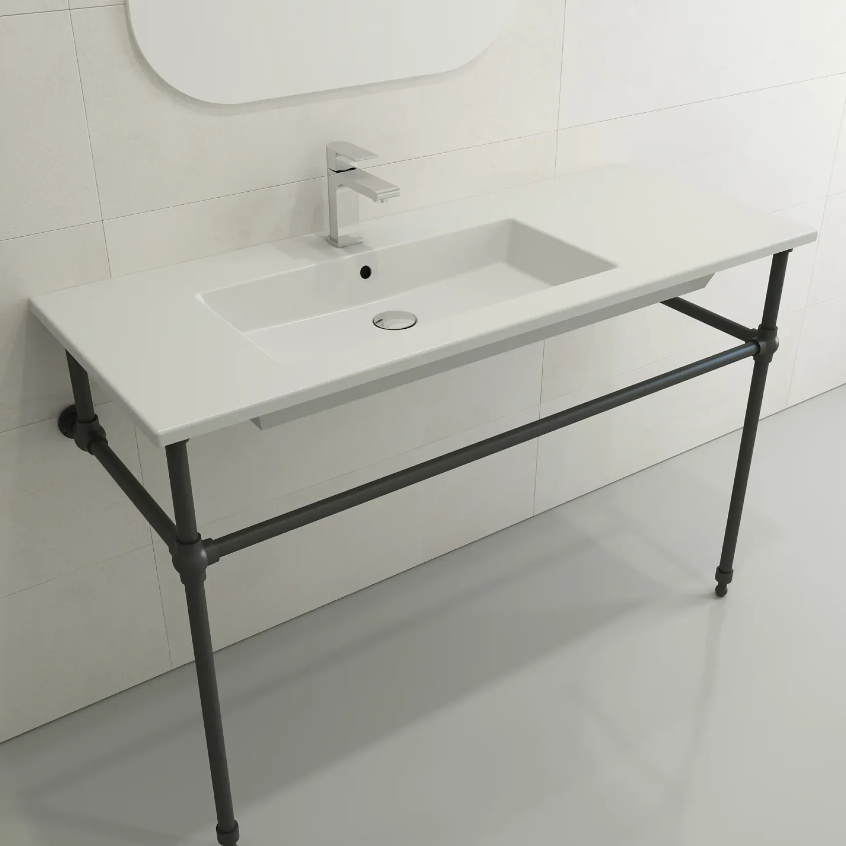 BOCCHI Ravenna 48" Rectangle Wallmount Fireclay Bathroom Sink, Matte White, Single Faucet Hole, 1305-002-0126