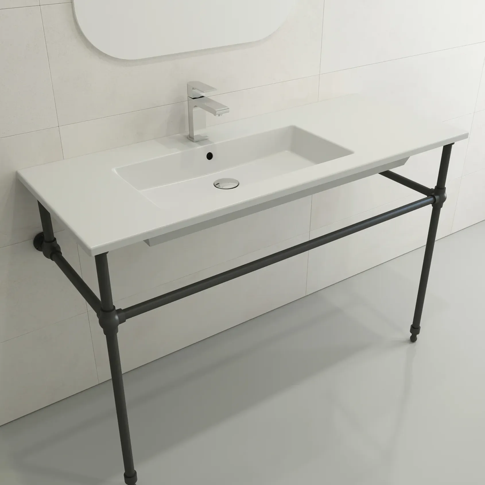BOCCHI Ravenna 48" Rectangle Wallmount Fireclay Bathroom Sink, Matte White, Single Faucet Hole, 1305-002-0126