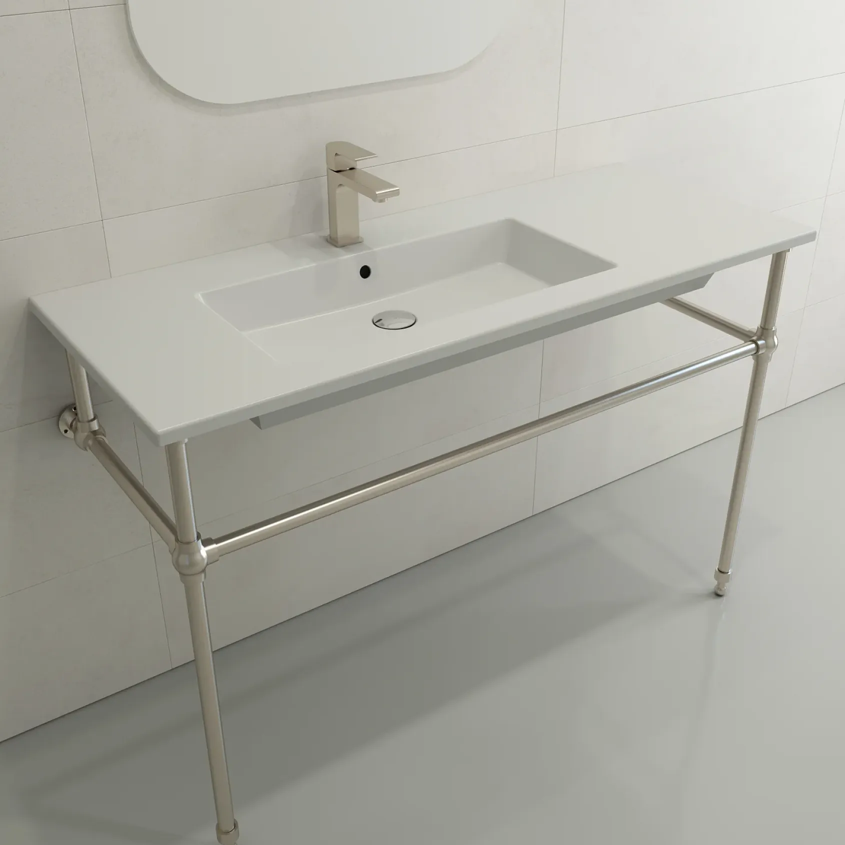 BOCCHI Ravenna 48" Rectangle Wallmount Fireclay Bathroom Sink, Matte White, Single Faucet Hole, 1305-002-0126
