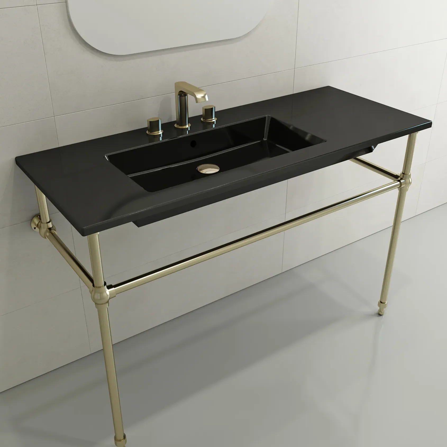 BOCCHI Ravenna 48" Rectangle Wallmount Fireclay Bathroom Sink, Black, 3 Faucet Hole, 1305-005-0127