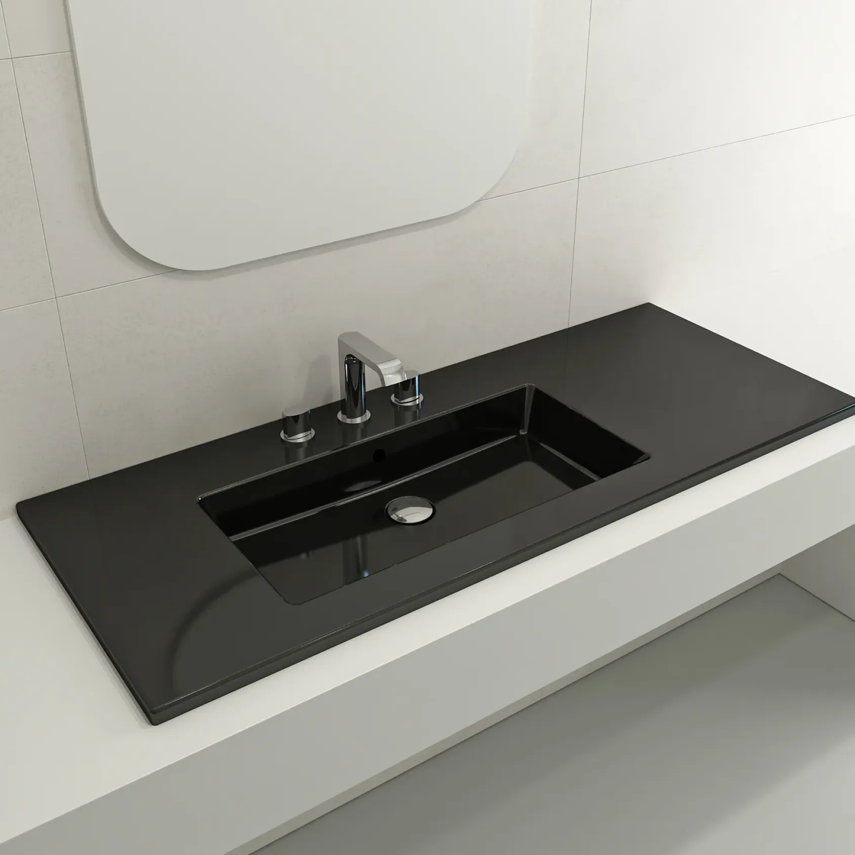 BOCCHI Ravenna 48" Rectangle Wallmount Fireclay Bathroom Sink, Black, 3 Faucet Hole, 1305-005-0127