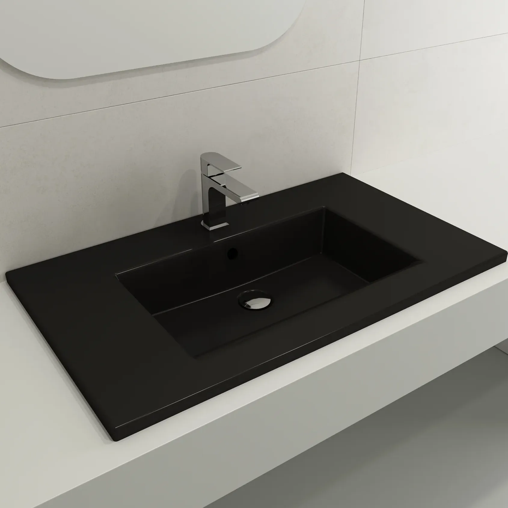 BOCCHI Ravenna 32" Rectangle Wallmount Fireclay Bathroom Sink, Matte Black, Single Faucet Hole, 1113-004-0126