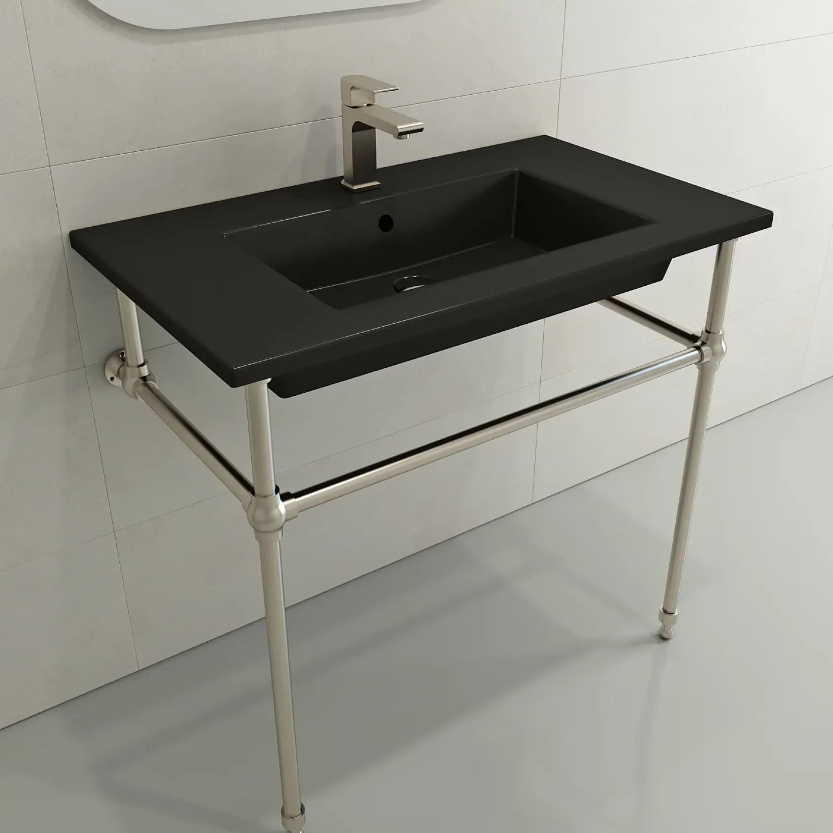 BOCCHI Ravenna 32" Rectangle Wallmount Fireclay Bathroom Sink, Matte Black, Single Faucet Hole, 1113-004-0126