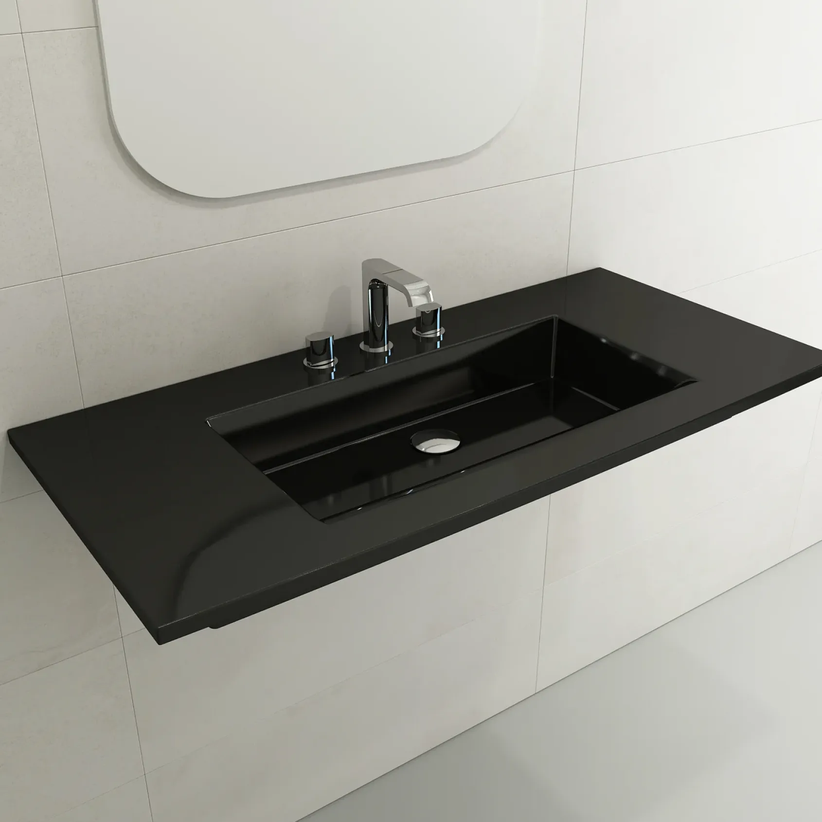 BOCCHI Ravenna 41" Rectangle Wallmount Fireclay Bathroom Sink, Black, 3 Faucet Hole, 1105-005-0127