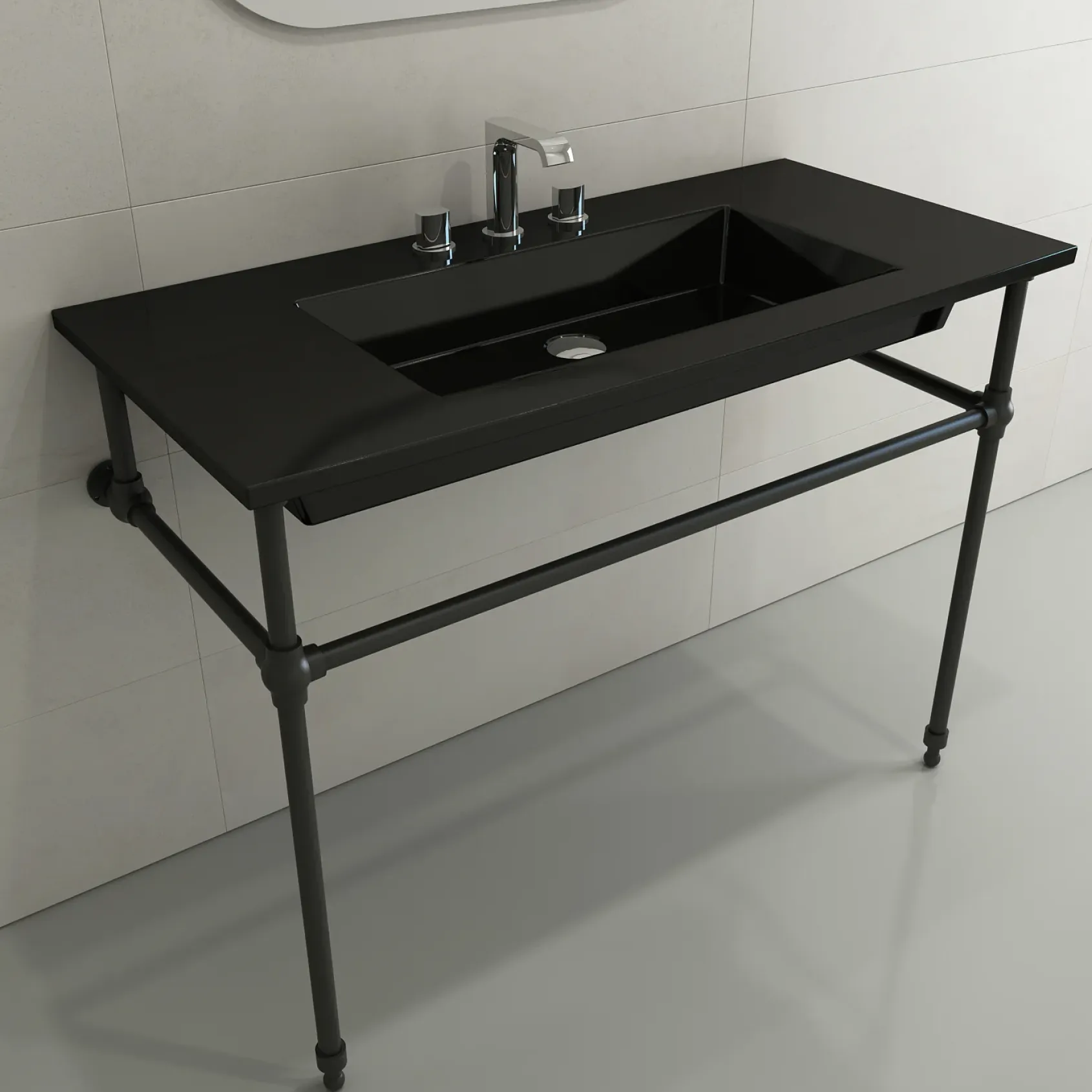 BOCCHI Ravenna 41" Rectangle Wallmount Fireclay Bathroom Sink, Black, 3 Faucet Hole, 1105-005-0127