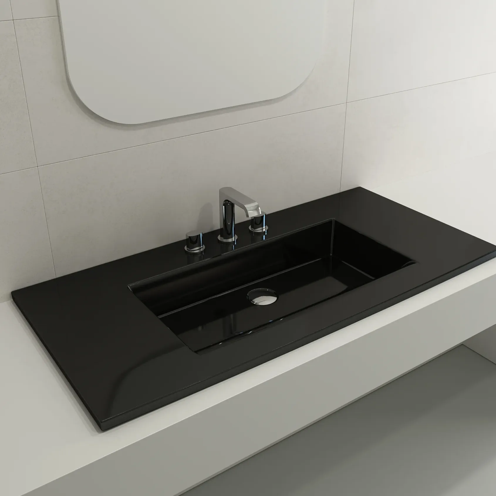 BOCCHI Ravenna 41" Rectangle Wallmount Fireclay Bathroom Sink, Black, 3 Faucet Hole, 1105-005-0127