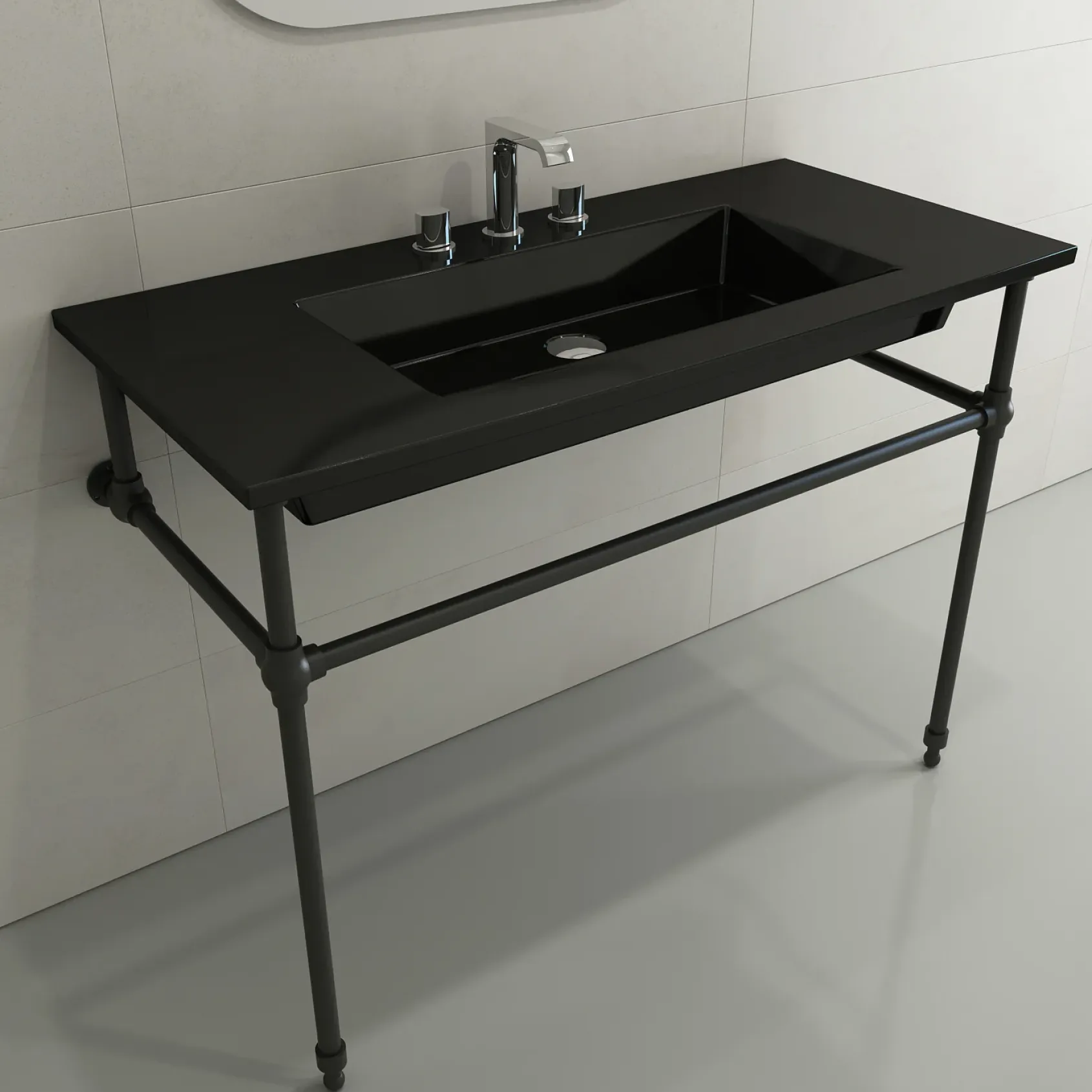 BOCCHI Ravenna 41" Rectangle Wallmount Fireclay Bathroom Sink, Black, 3 Faucet Hole, 1105-005-0127