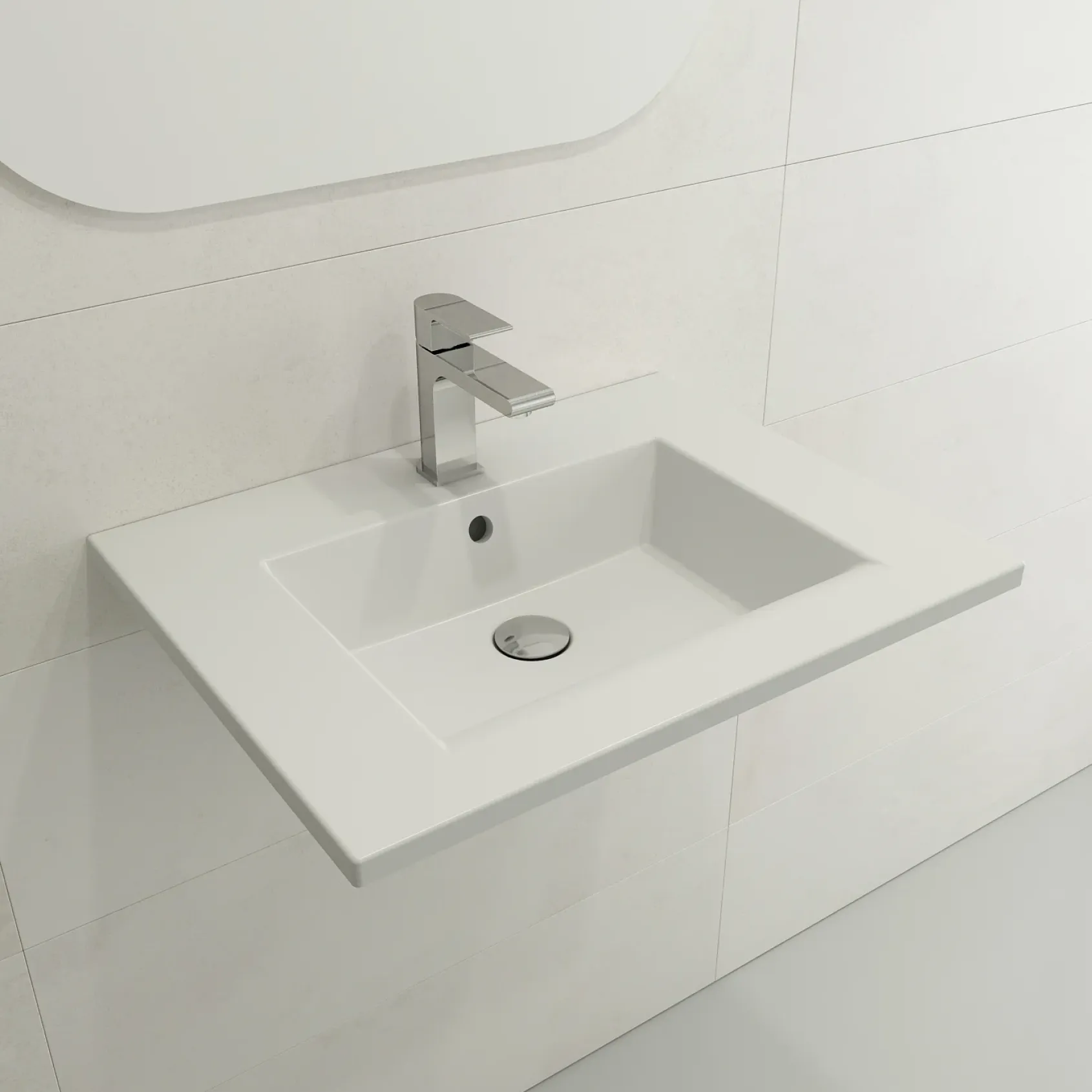BOCCHI Ravenna 25" Rectangle Wallmount Fireclay Bathroom Sink, Matte White, Single Faucet Hole, 1161-002-0126