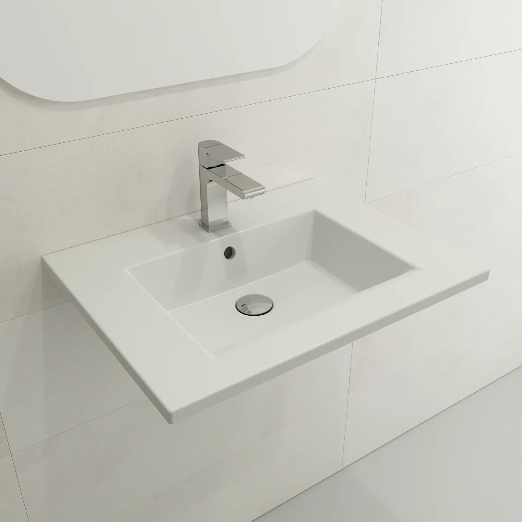 BOCCHI Ravenna 25" Rectangle Wallmount Fireclay Bathroom Sink, Matte White, Single Faucet Hole, 1161-002-0126
