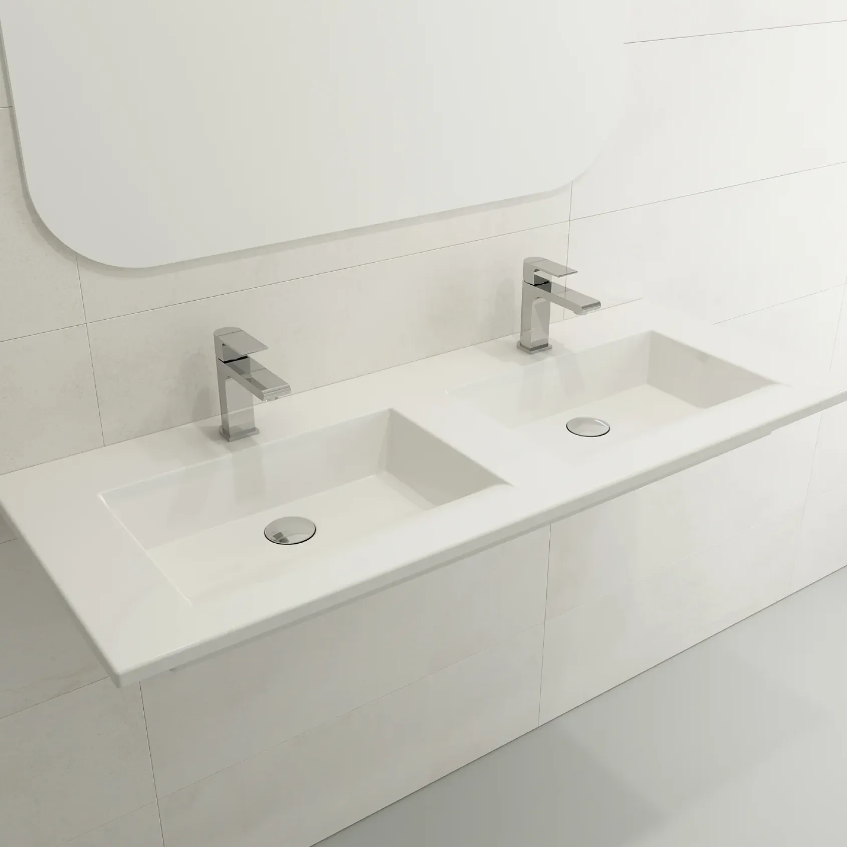 BOCCHI Ravenna 48" Rectangle Wallmount Fireclay Bathroom Sink, Double Basin, White, Single Faucet Hole, 1111-001-0132