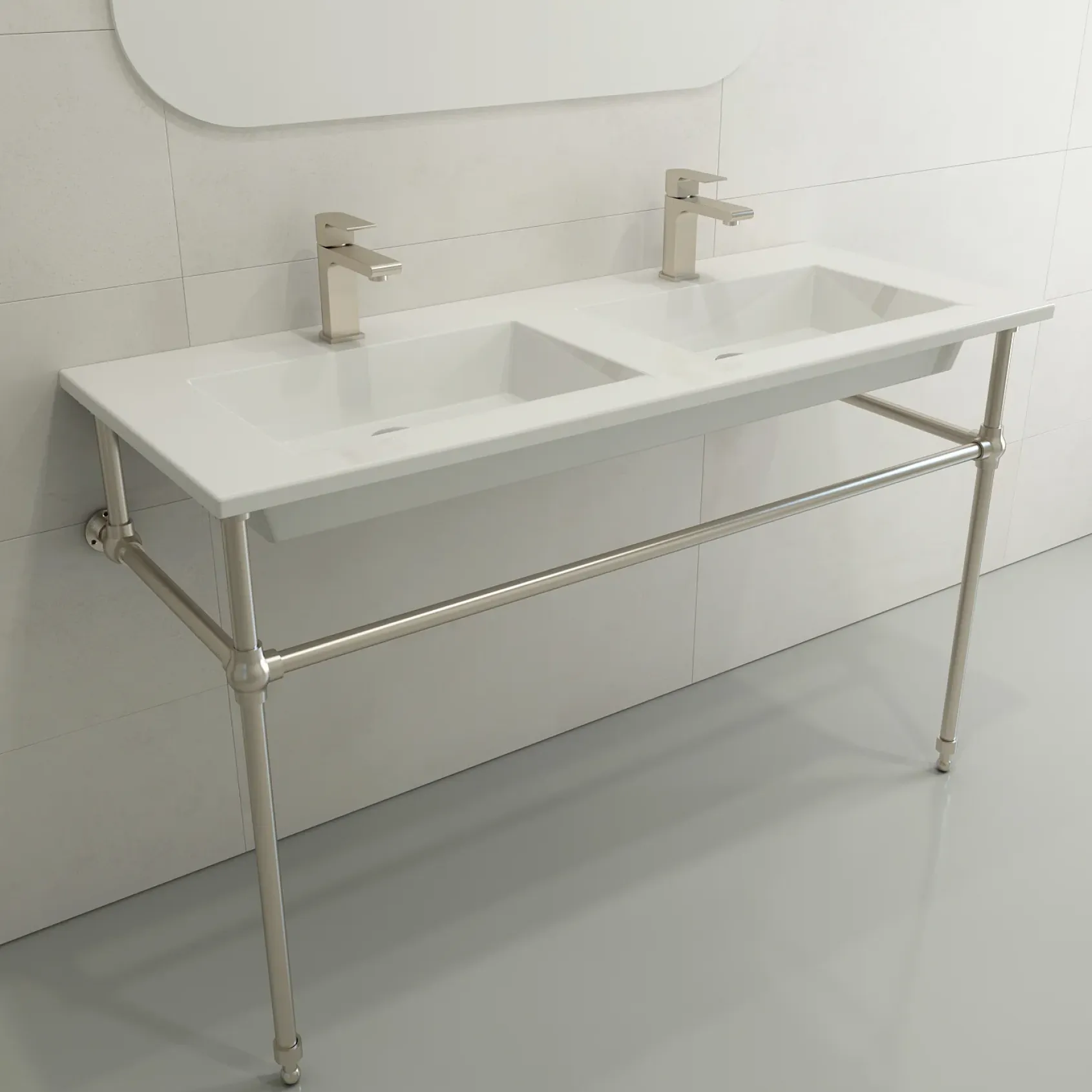 BOCCHI Ravenna 48" Rectangle Wallmount Fireclay Bathroom Sink, Double Basin, White, Single Faucet Hole, 1111-001-0132