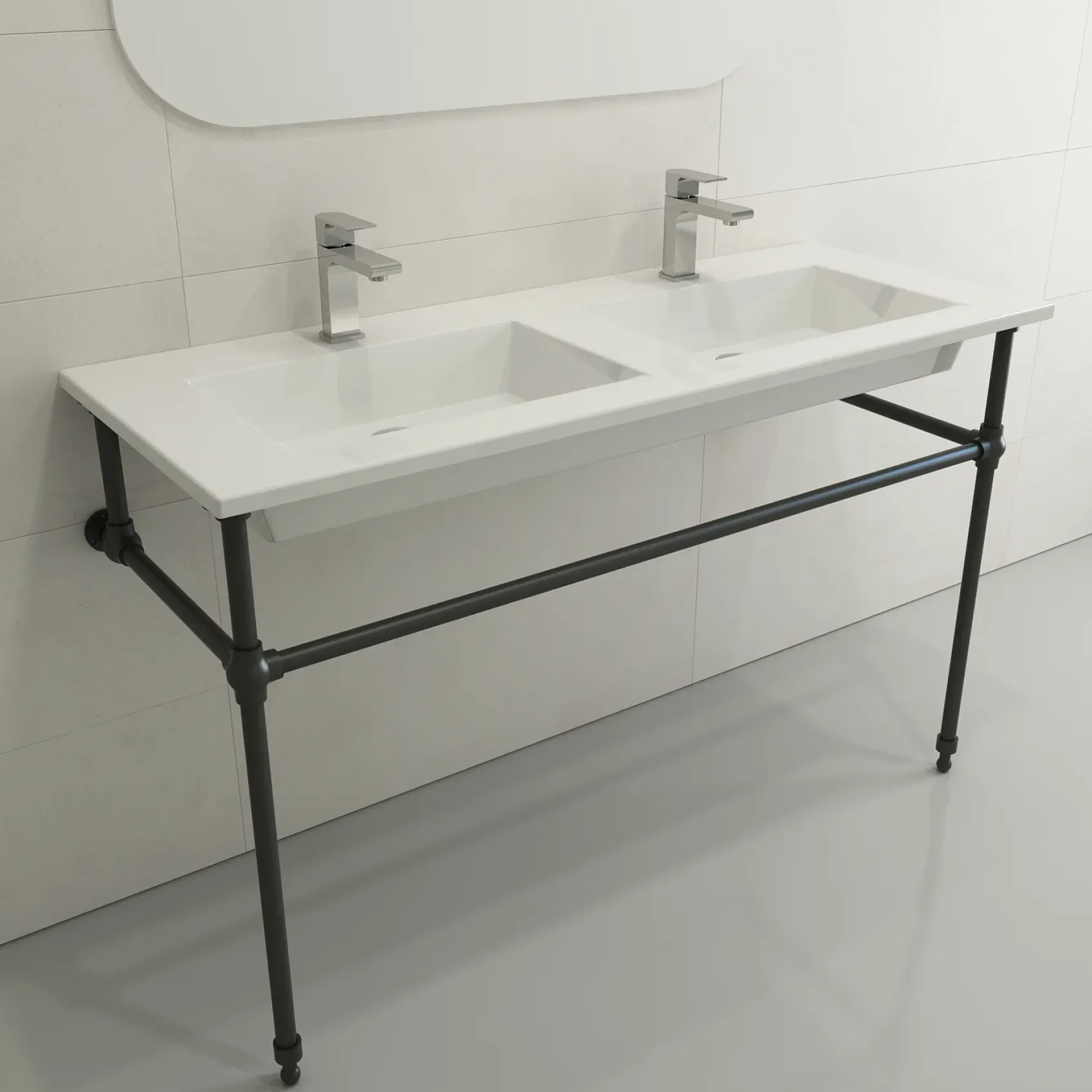 BOCCHI Ravenna 48" Rectangle Wallmount Fireclay Bathroom Sink, Double Basin, White, Single Faucet Hole, 1111-001-0132