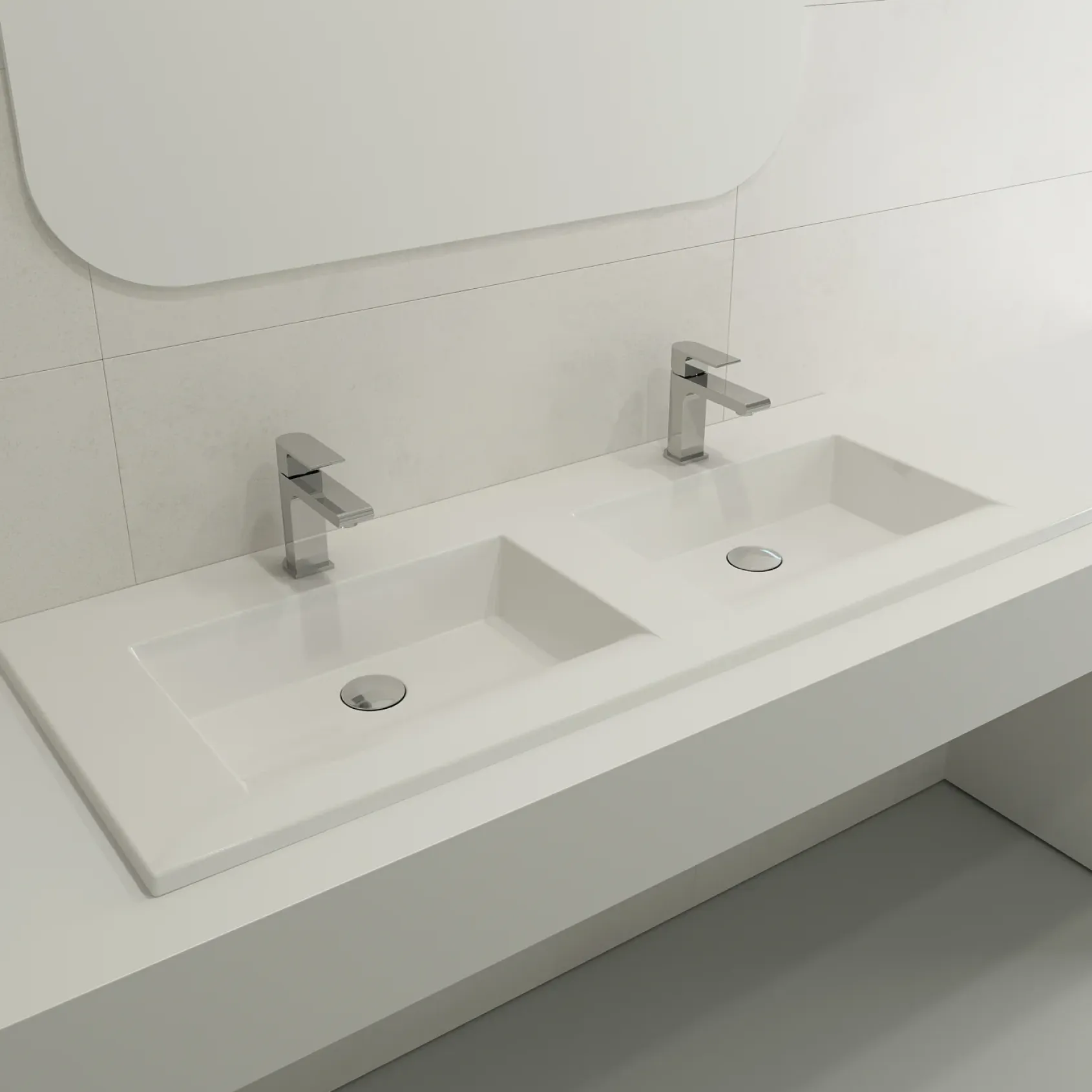 BOCCHI Ravenna 48" Rectangle Wallmount Fireclay Bathroom Sink, Double Basin, White, Single Faucet Hole, 1111-001-0132