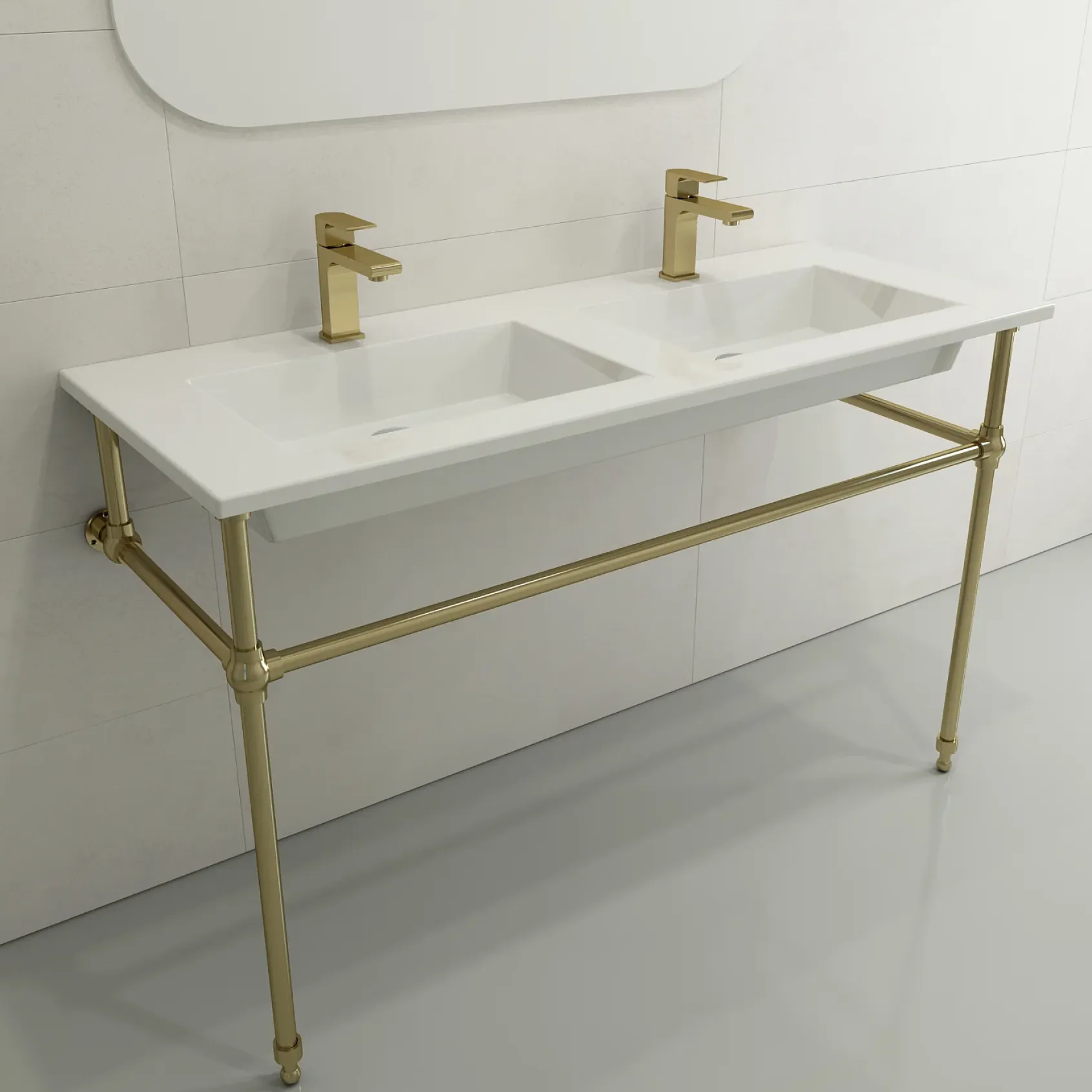 BOCCHI Ravenna 48" Rectangle Wallmount Fireclay Bathroom Sink, Double Basin, White, Single Faucet Hole, 1111-001-0132