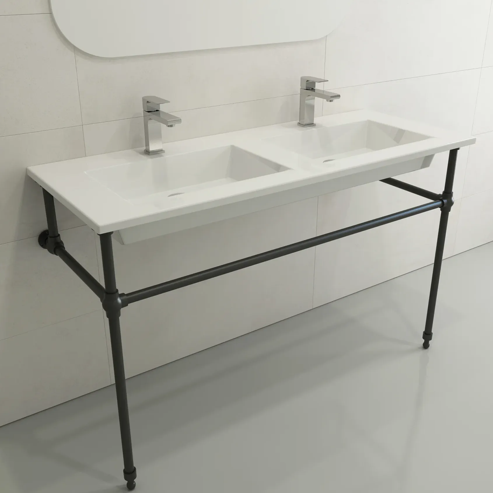 BOCCHI Ravenna 48" Rectangle Wallmount Fireclay Bathroom Sink, Double Basin, White, Single Faucet Hole, 1111-001-0132