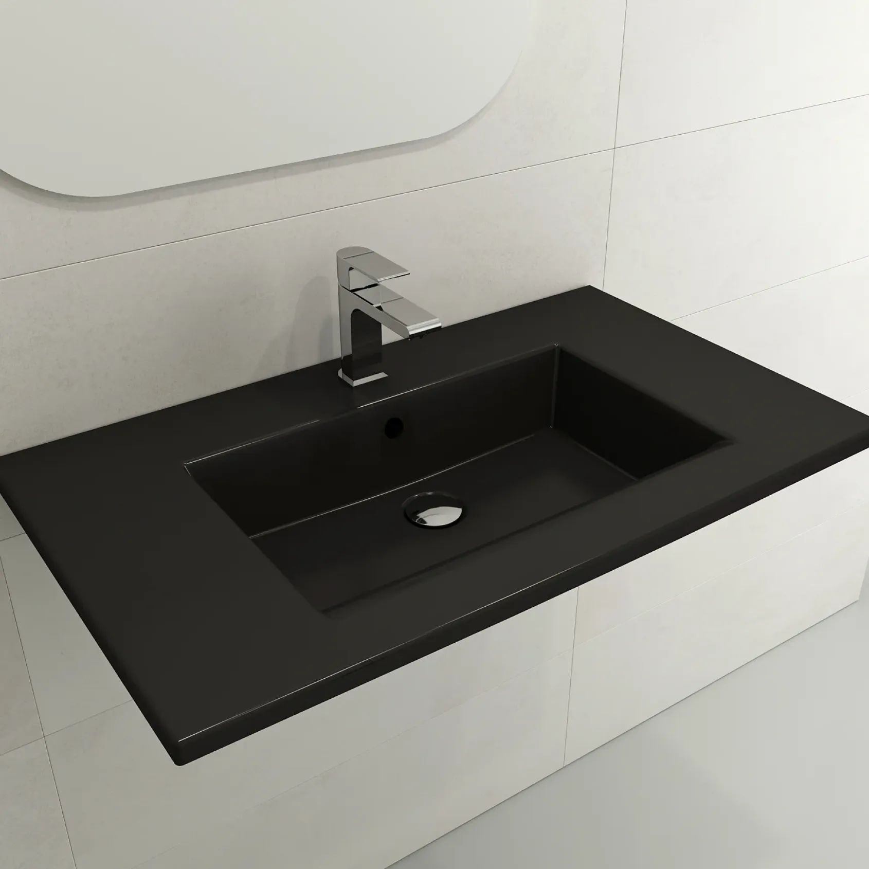 BOCCHI Ravenna 32" Rectangle Wallmount Fireclay Bathroom Sink, Matte Black, 3 Faucet Hole, 1113-004-0127