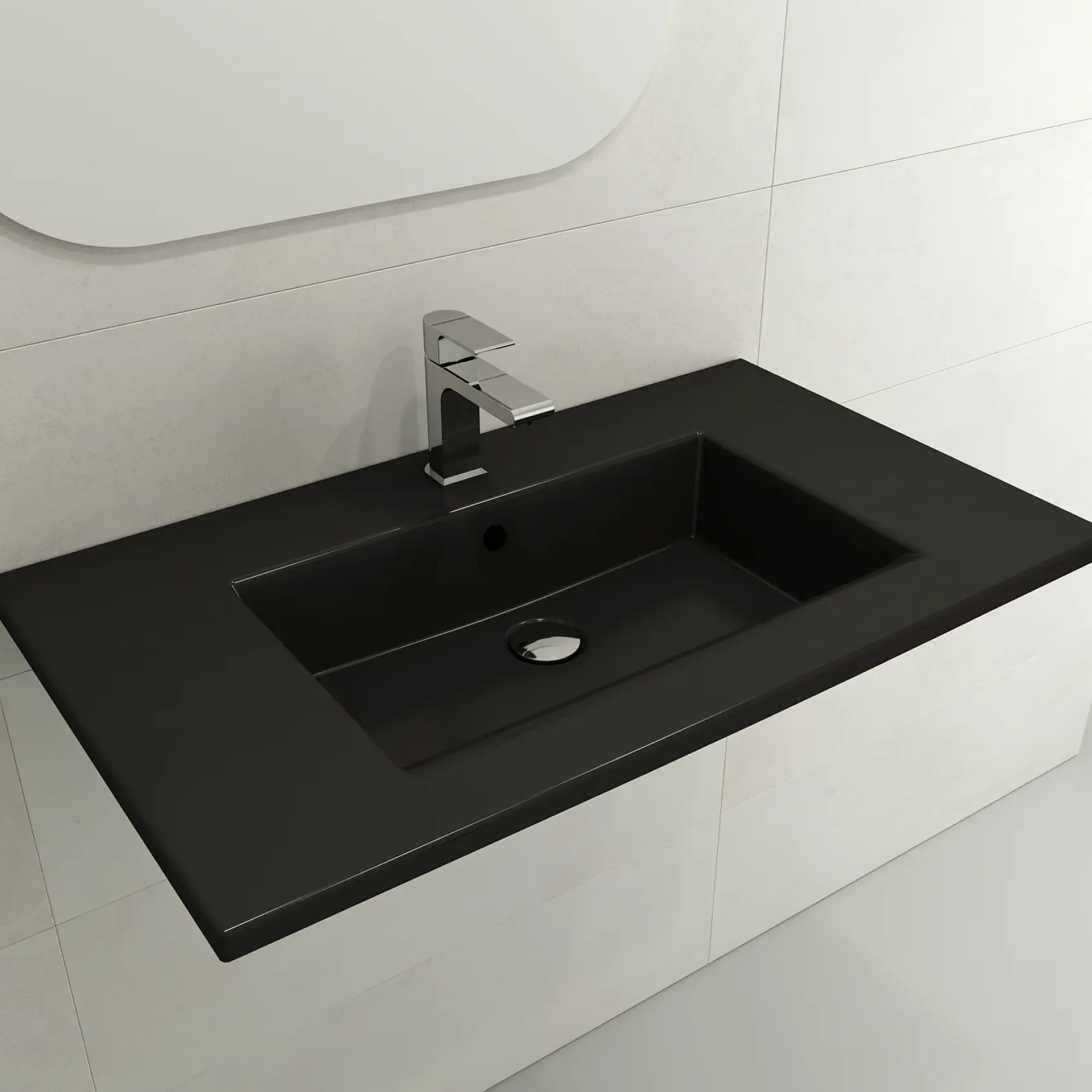 BOCCHI Ravenna 32" Rectangle Wallmount Fireclay Bathroom Sink, Matte Black, 3 Faucet Hole, 1113-004-0127