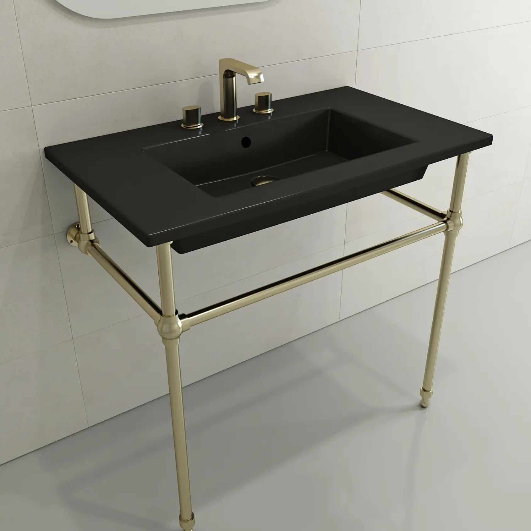 BOCCHI Ravenna 32" Rectangle Wallmount Fireclay Bathroom Sink, Matte Black, 3 Faucet Hole, 1113-004-0127