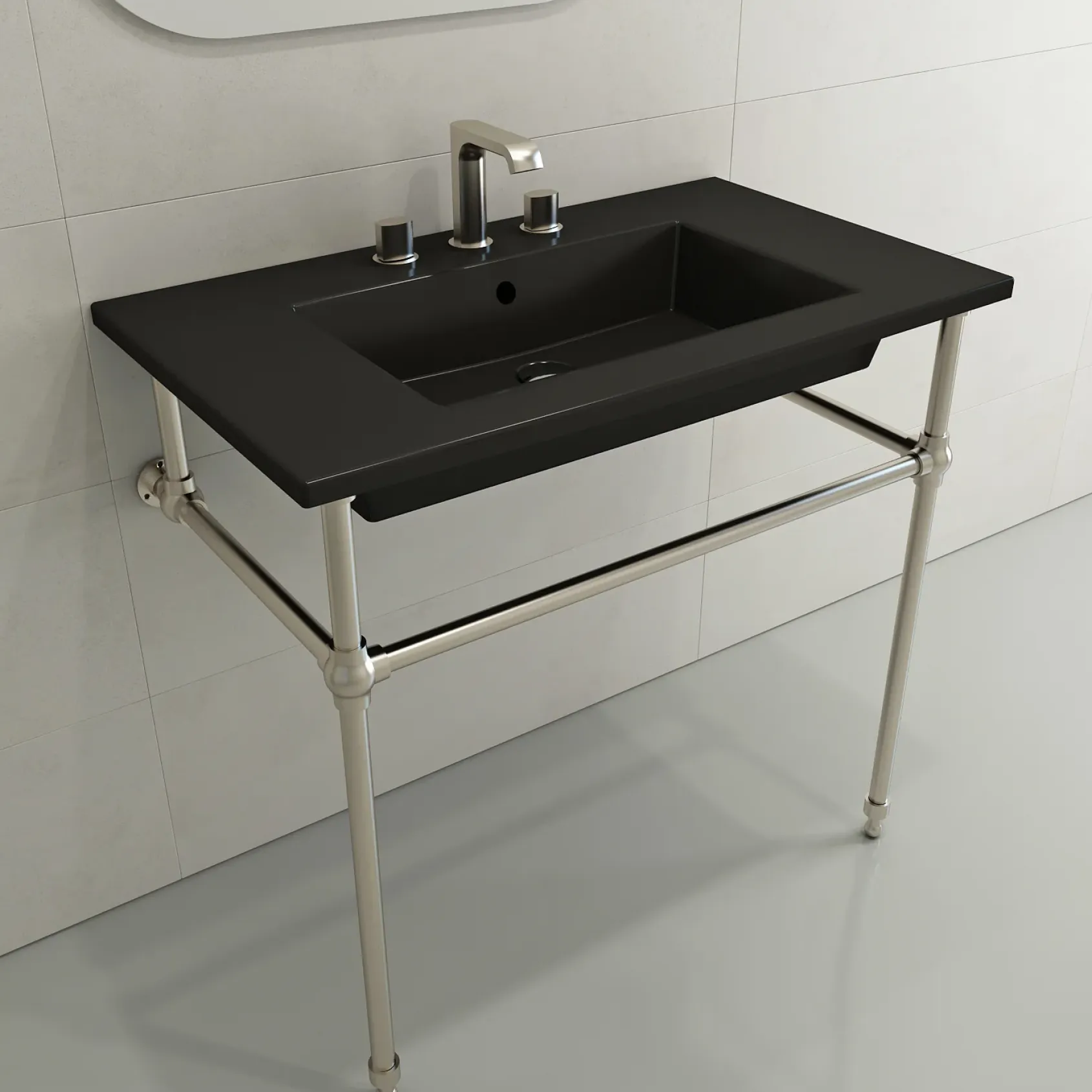BOCCHI Ravenna 32" Rectangle Wallmount Fireclay Bathroom Sink, Matte Black, 3 Faucet Hole, 1113-004-0127