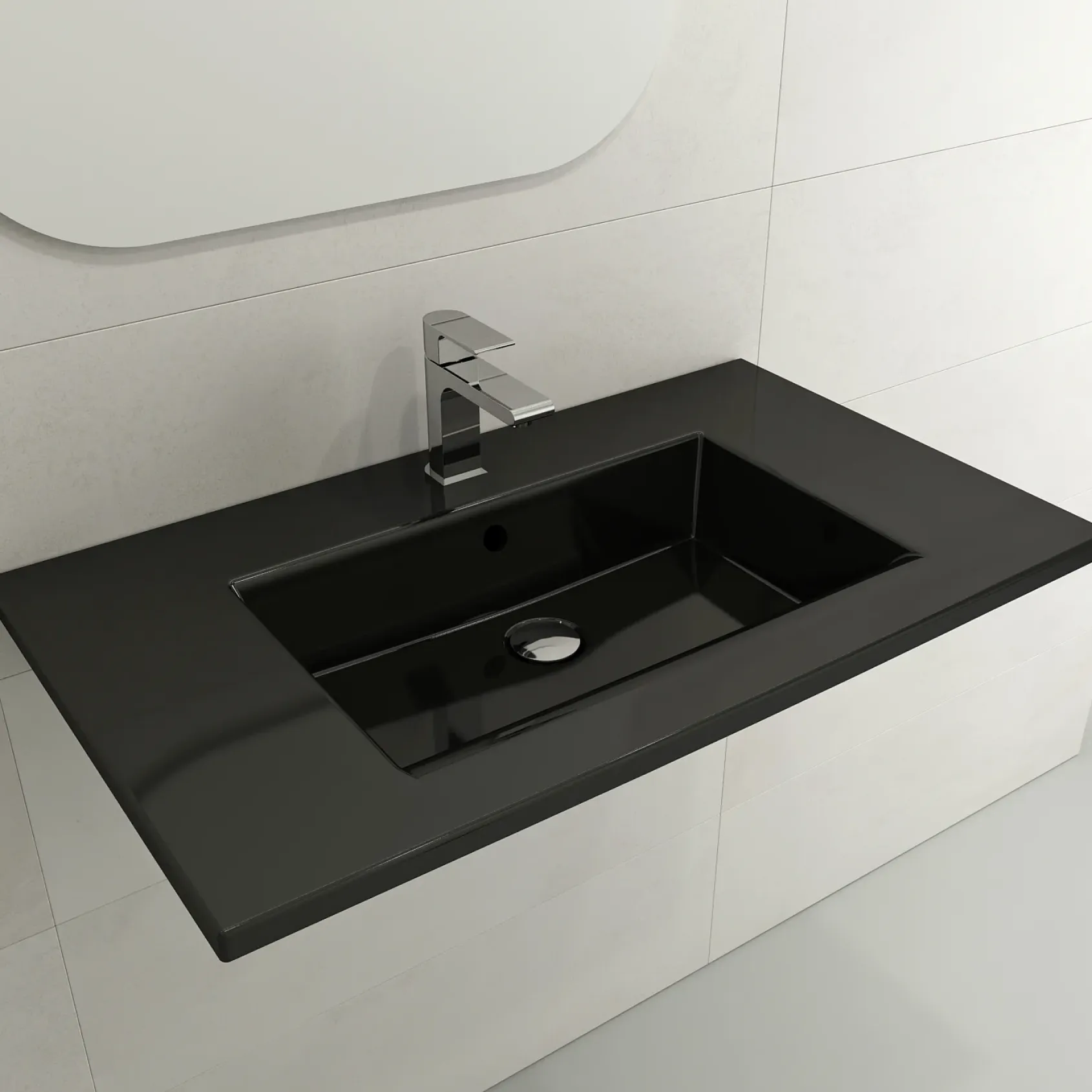 BOCCHI Ravenna 32" Rectangle Wallmount Fireclay Bathroom Sink, Black, 3 Faucet Hole, 1113-005-0127