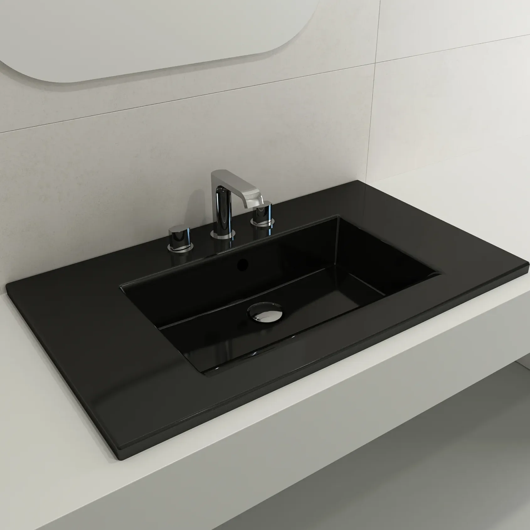 BOCCHI Ravenna 32" Rectangle Wallmount Fireclay Bathroom Sink, Black, 3 Faucet Hole, 1113-005-0127