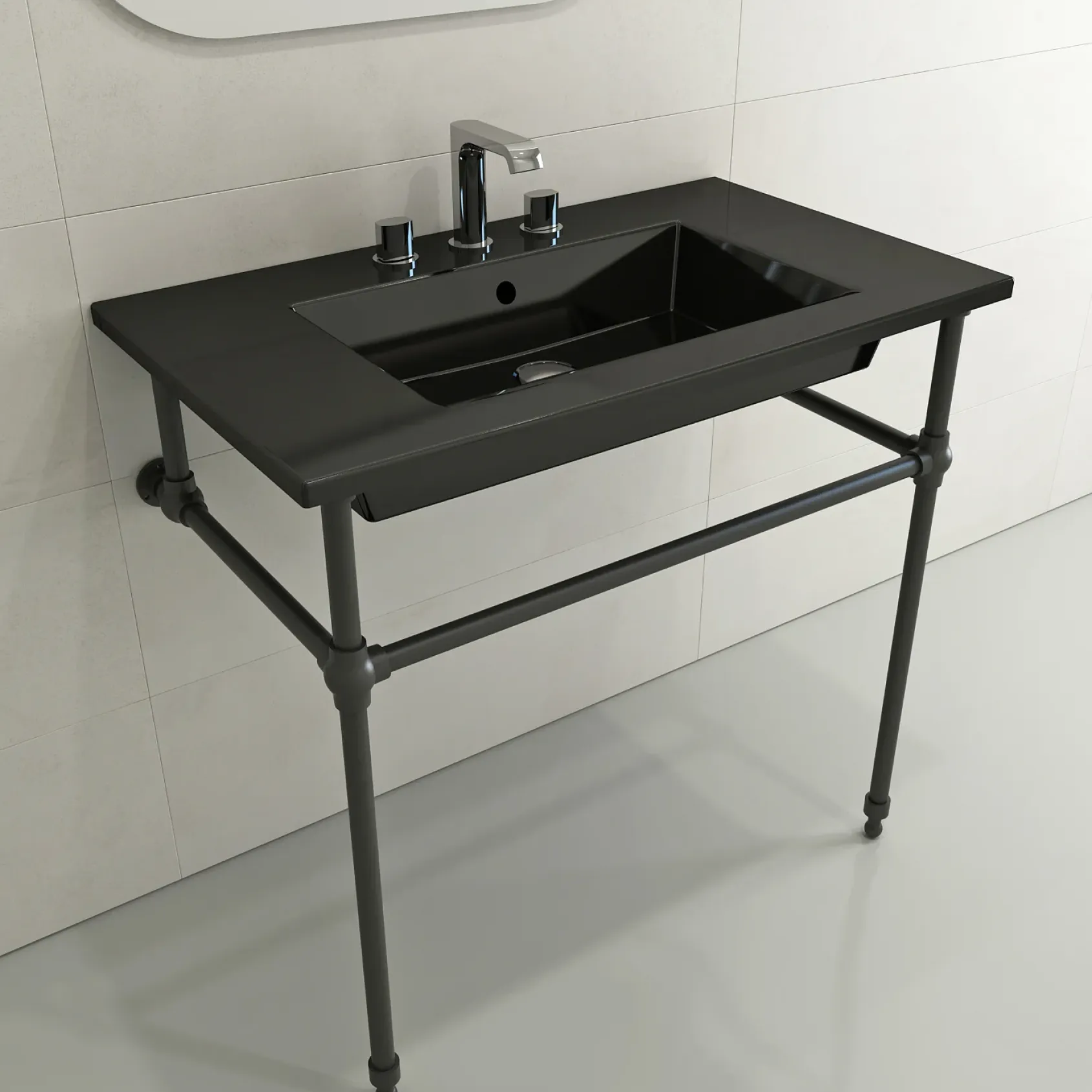 BOCCHI Ravenna 32" Rectangle Wallmount Fireclay Bathroom Sink, Black, 3 Faucet Hole, 1113-005-0127