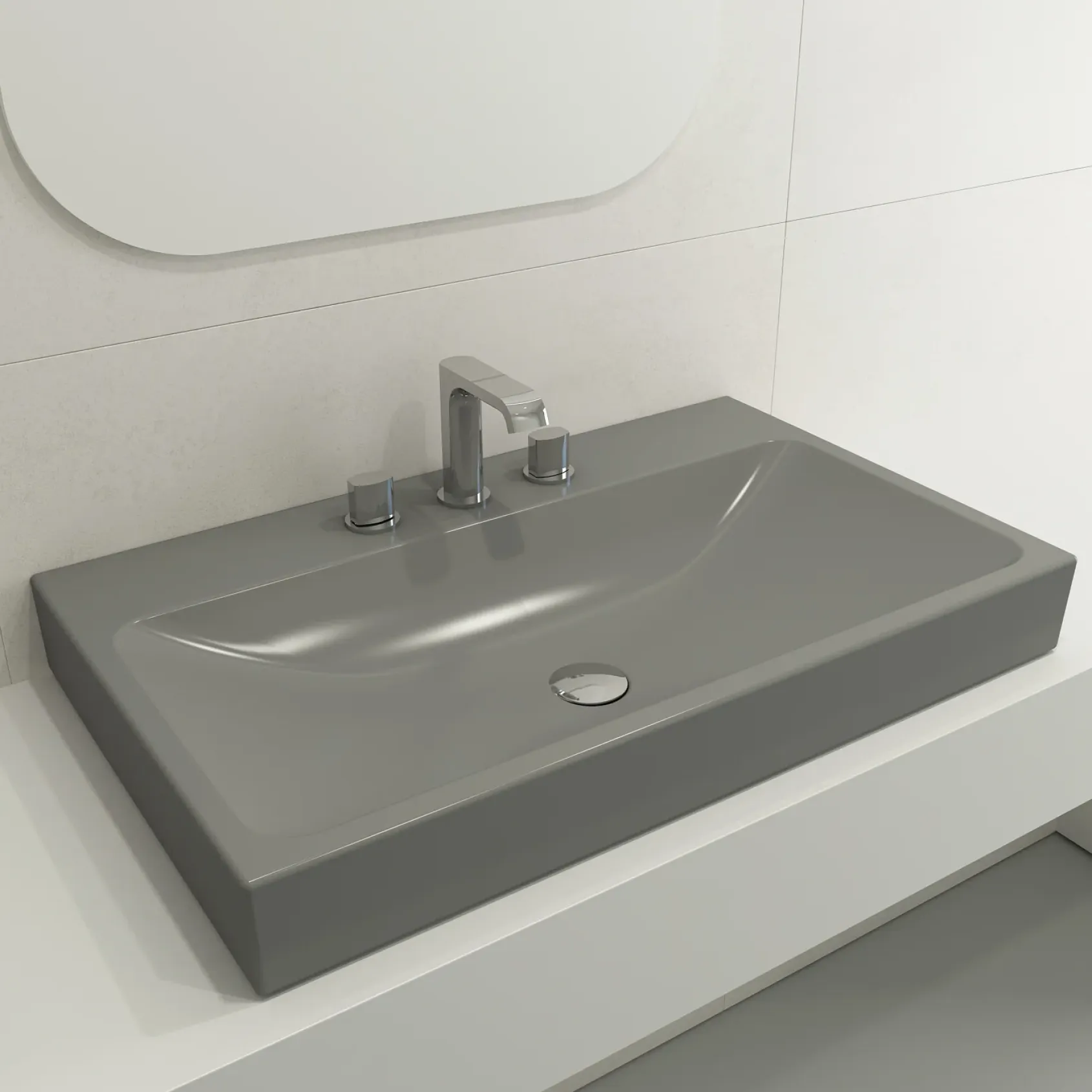 BOCCHI Scala 32" Rectangle Wallmount Fireclay Bathroom Sink, Matte Gray, 3 Faucet Hole, 1078-006-0127