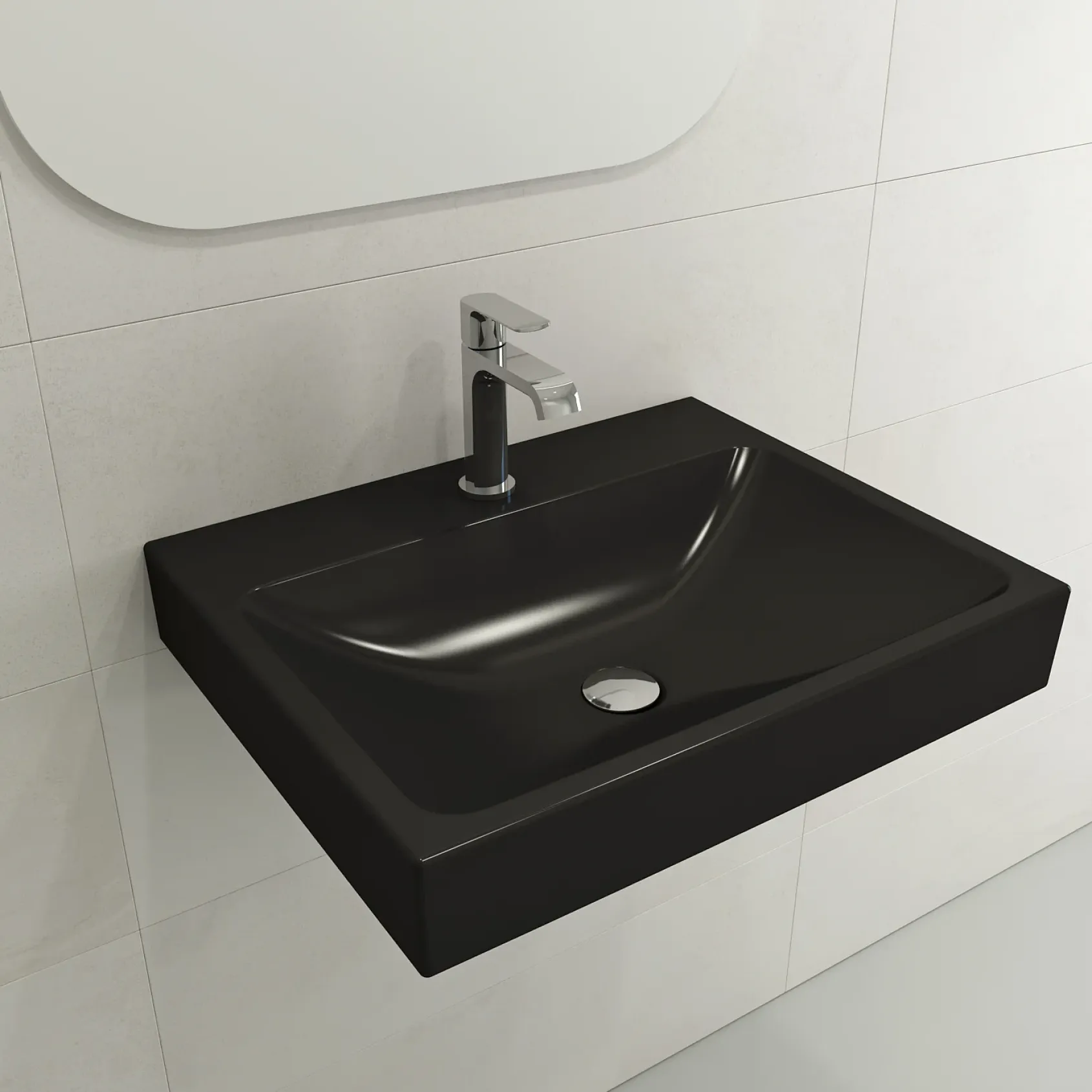 BOCCHI Scala 24" Rectangle Wallmount Fireclay Bathroom Sink, Matte Black, Single Faucet Hole, 1077-004-0126